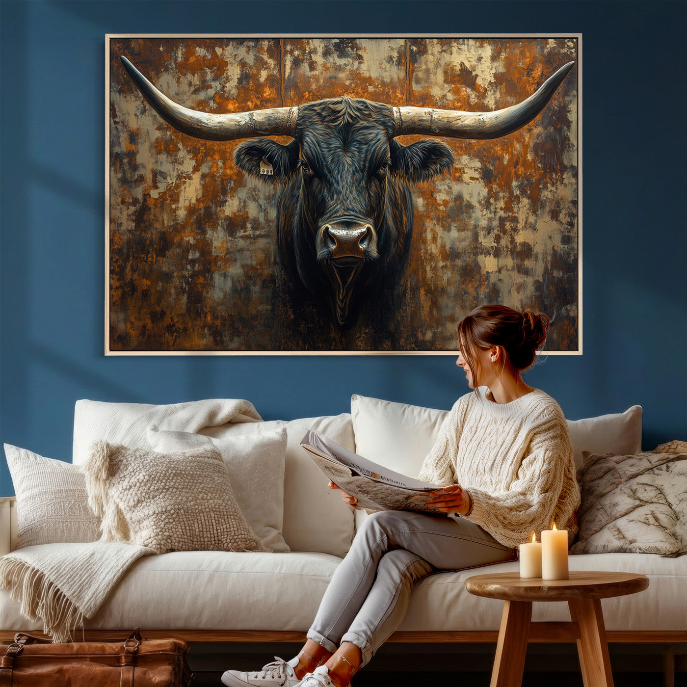 68068-MGV-CV-36X24 - Longhorn Texas Cow Bull Wall Art | Rustic Farmhouse Canvas Print | Ready to Hang Barn Decor for