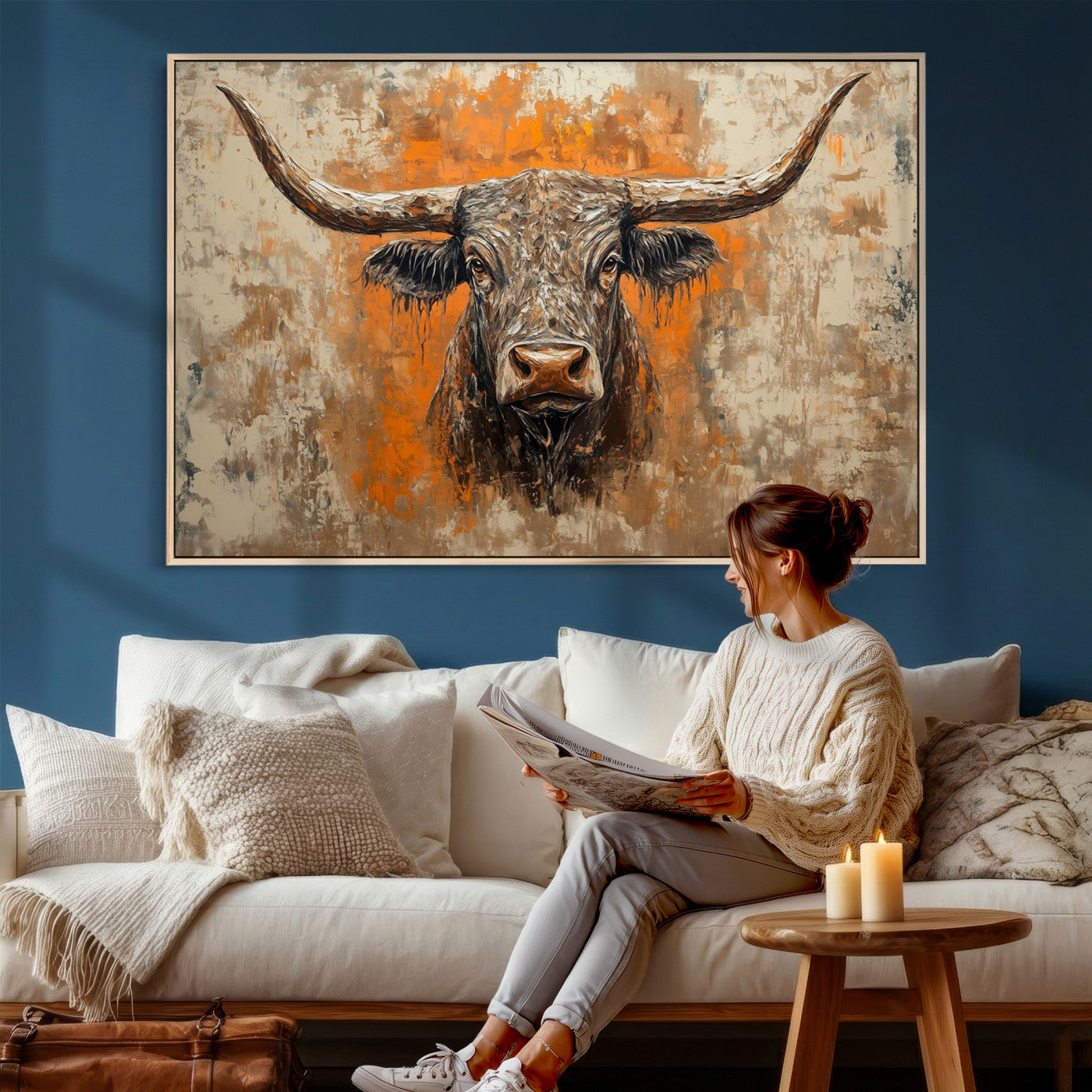 49976-MGV-CV-36X24 - Abstract Cow Longhorn Bull Wall Art Canvas Print - Rustic Texas Western Cattle Artwork
