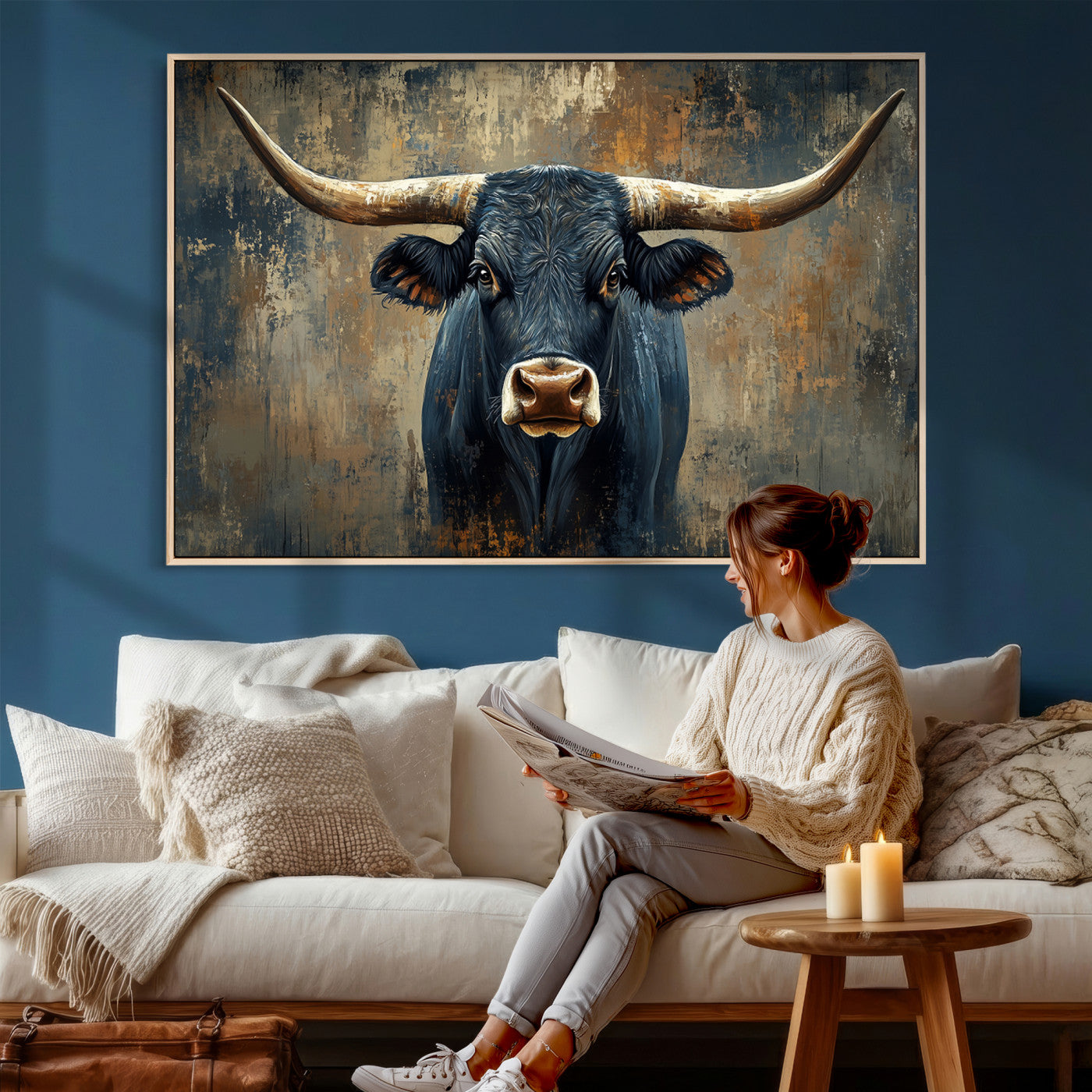 42026-MGV-CV-36X24 - Texas Western Wall Art Canvas Print - Abstract Cow Longhorn Bull Wall Art Canvas Print - Rustic Cow