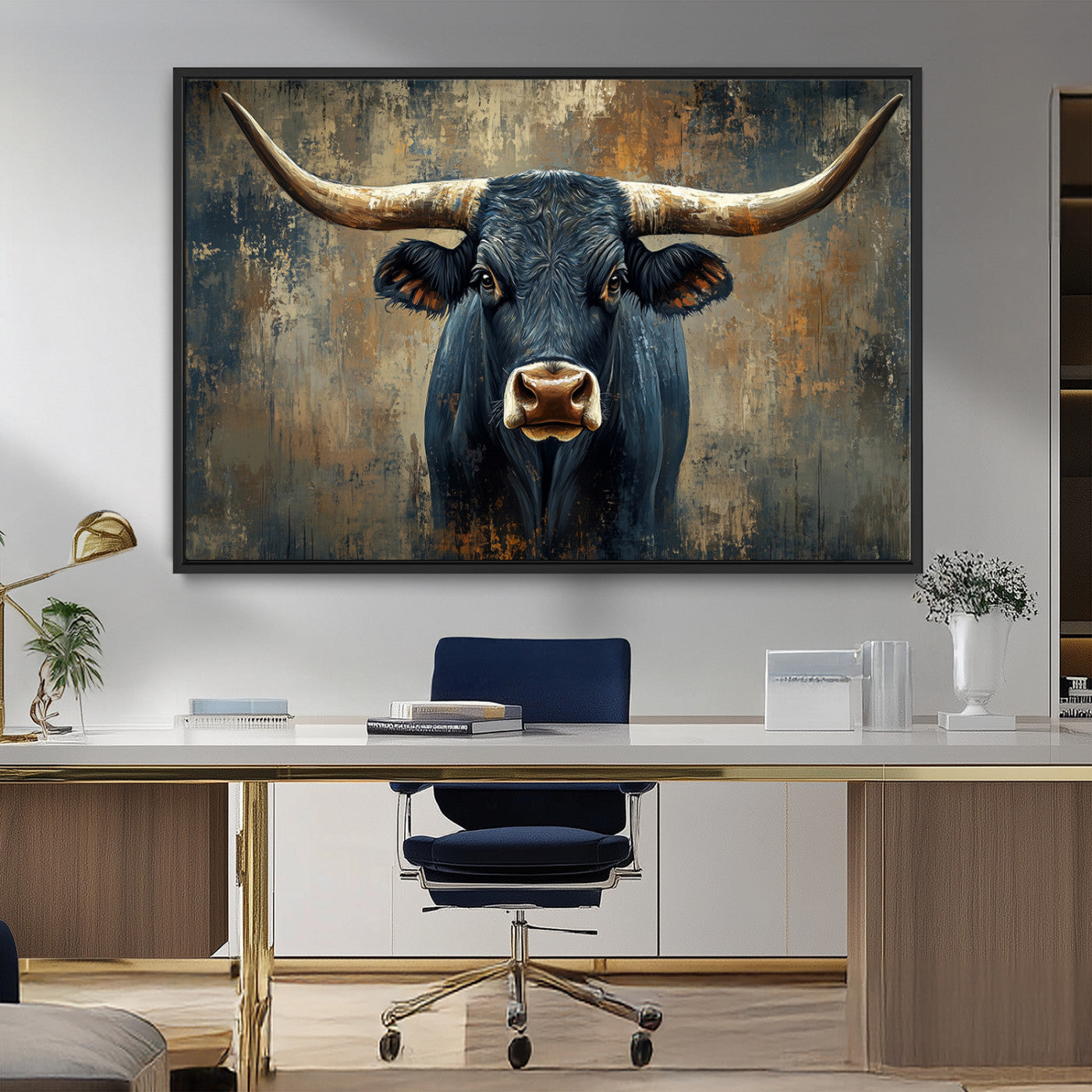 42026-MGV-FC-36X24_Black-Texas Western Wall Art Canvas Print - Abstract Cow Longhorn Bull Wall Art Canvas Print - Rustic Cow