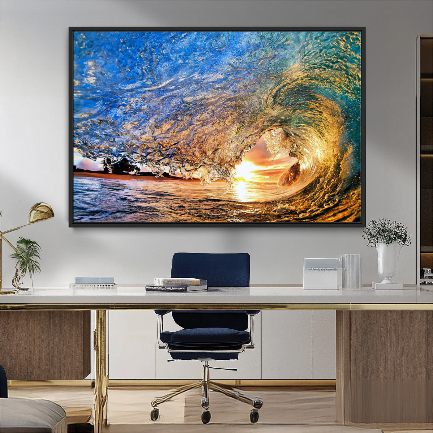 84627-MGV-CV-36X24-Ocean Wave at Sunset Canvas Wall Art – Vibrant Coastal Beach Waves Print, Large Nautical Decor,