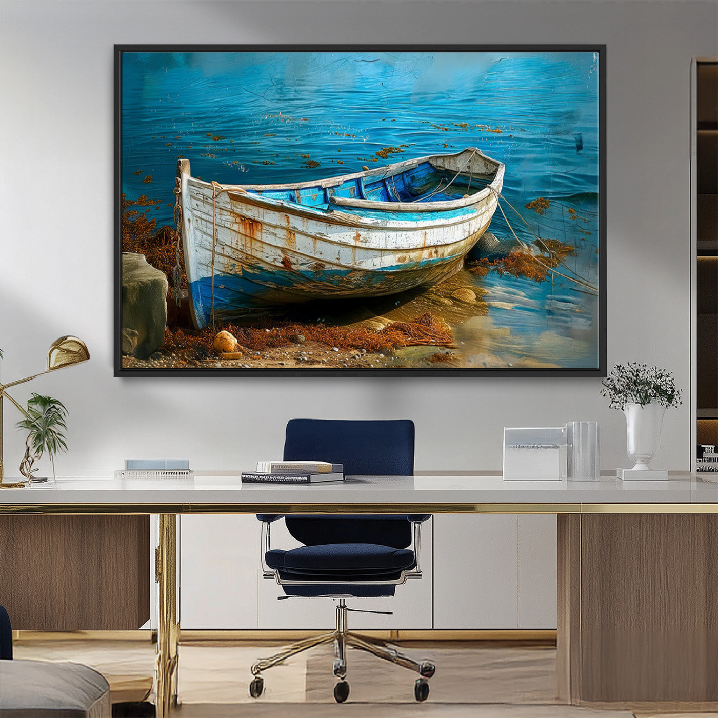 54716-MGV-CV-36X24-Vintage Boat on Tranquil Waters | Coastal Wall Art for Nautical Decor | Rustic Triptych Canvas Print