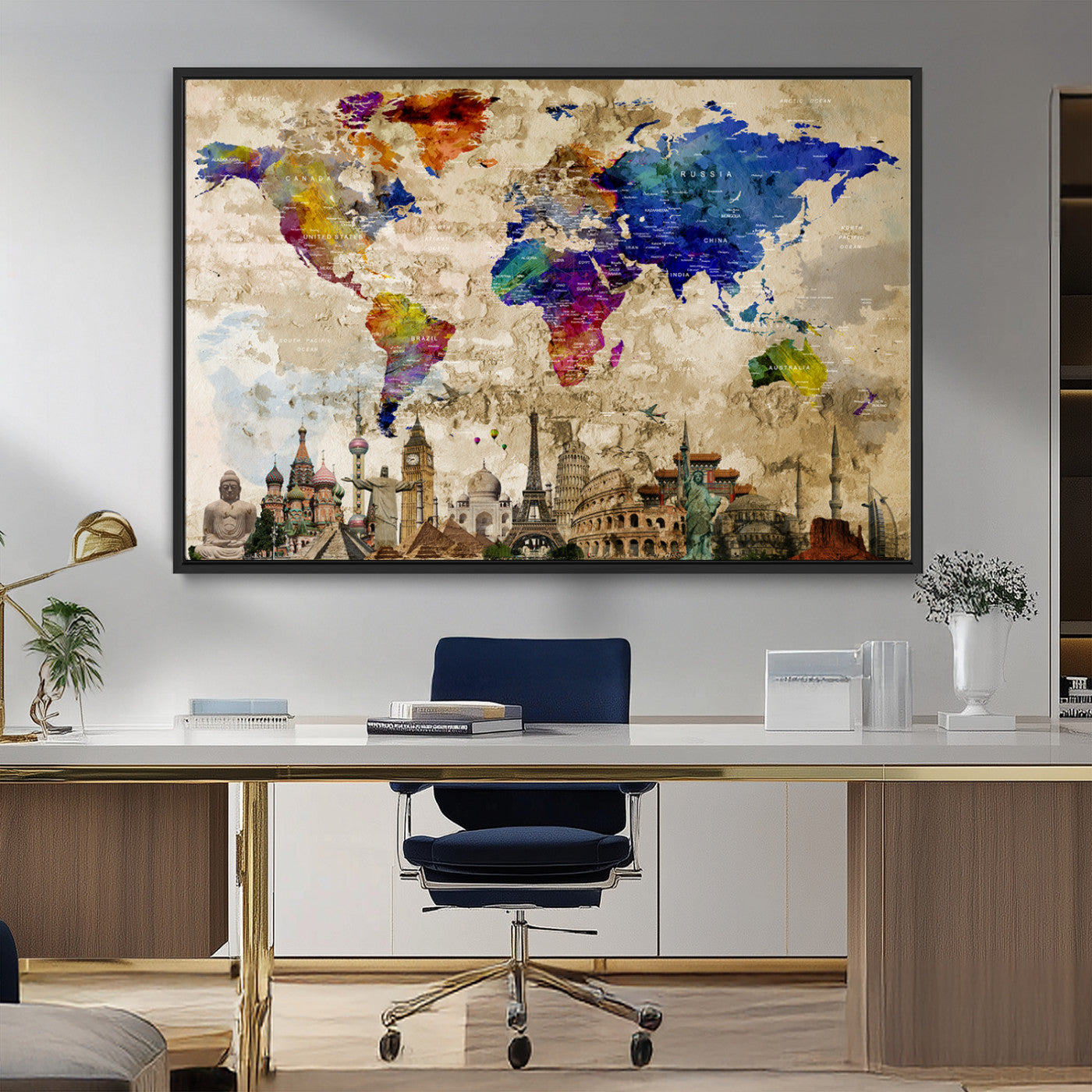 12168-MGV-FC-36X24_Black-Push Pin World Map Canvas Print – Framed Travel Tracker Wall Art for Couples, Anniversary Gift and Modern Home Decor