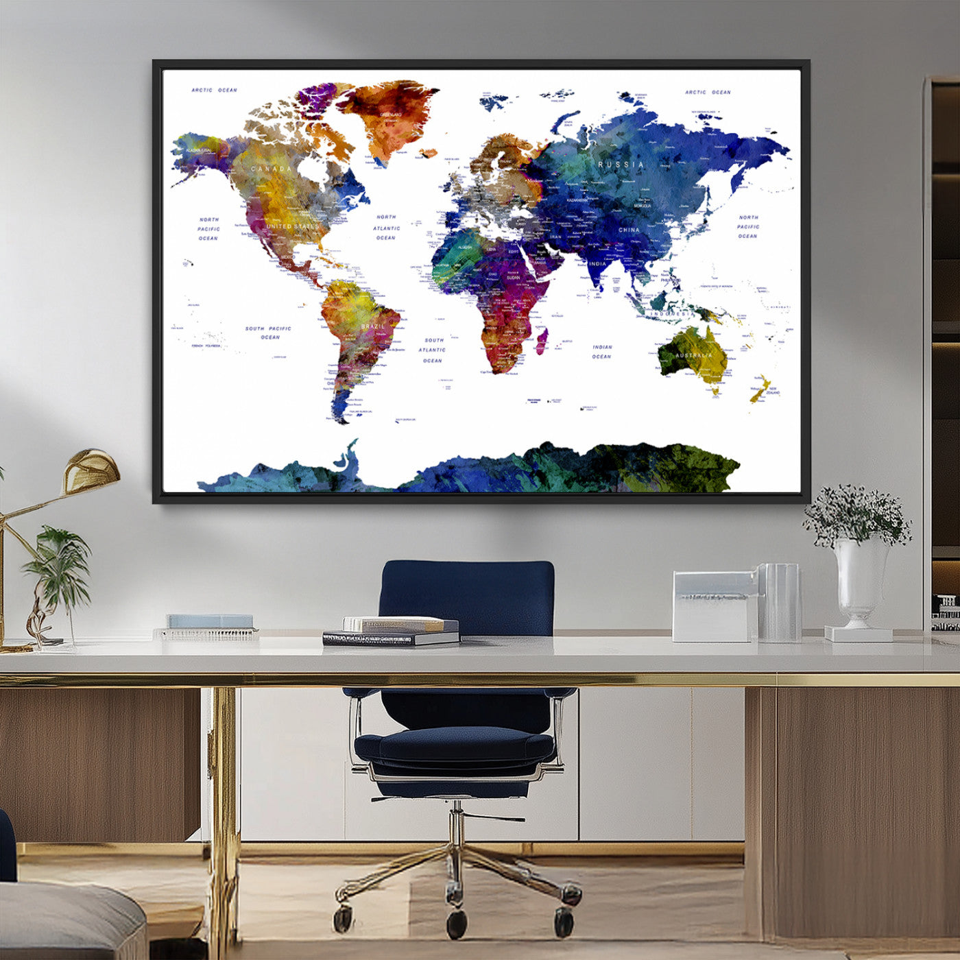 90446-MGV-CV-36X24-Colorful Watercolor World Map Canvas Wall Art – Framed Modern Push Pin Travel Map for Home and Office Decor