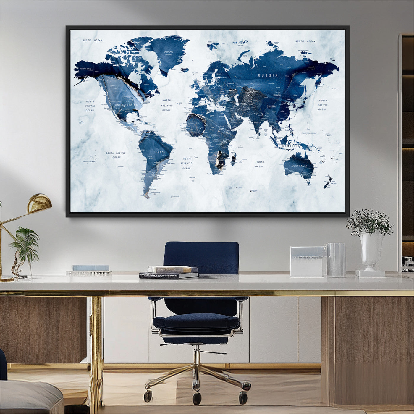 -Modern Blue Marble World Map Canvas Print – Framed Push Pin Wall Art, Elegant Travel Map Artwork for Home Office or Living Room Decor