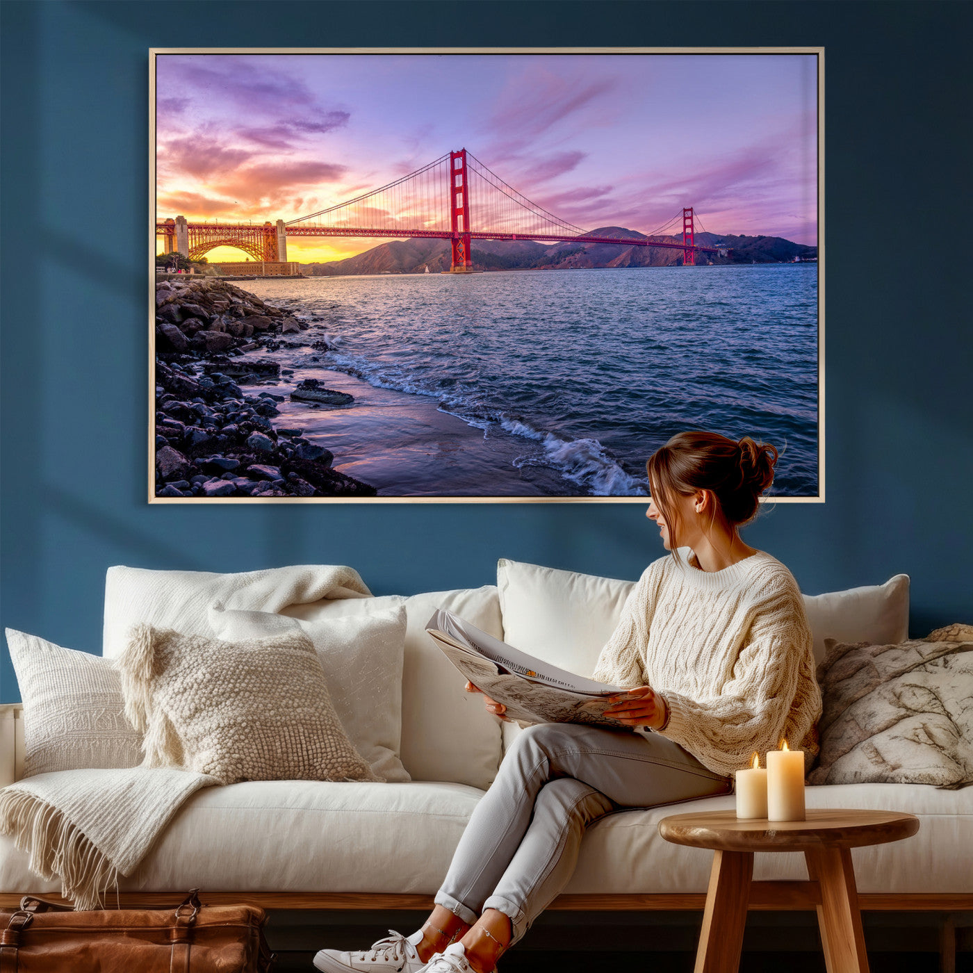 24256-MGV-CV-36X24 - Golden Gate Bridge Wall Art Print, San Francisco Sunset Canvas Wall Art, Cityscape Canvas Print for