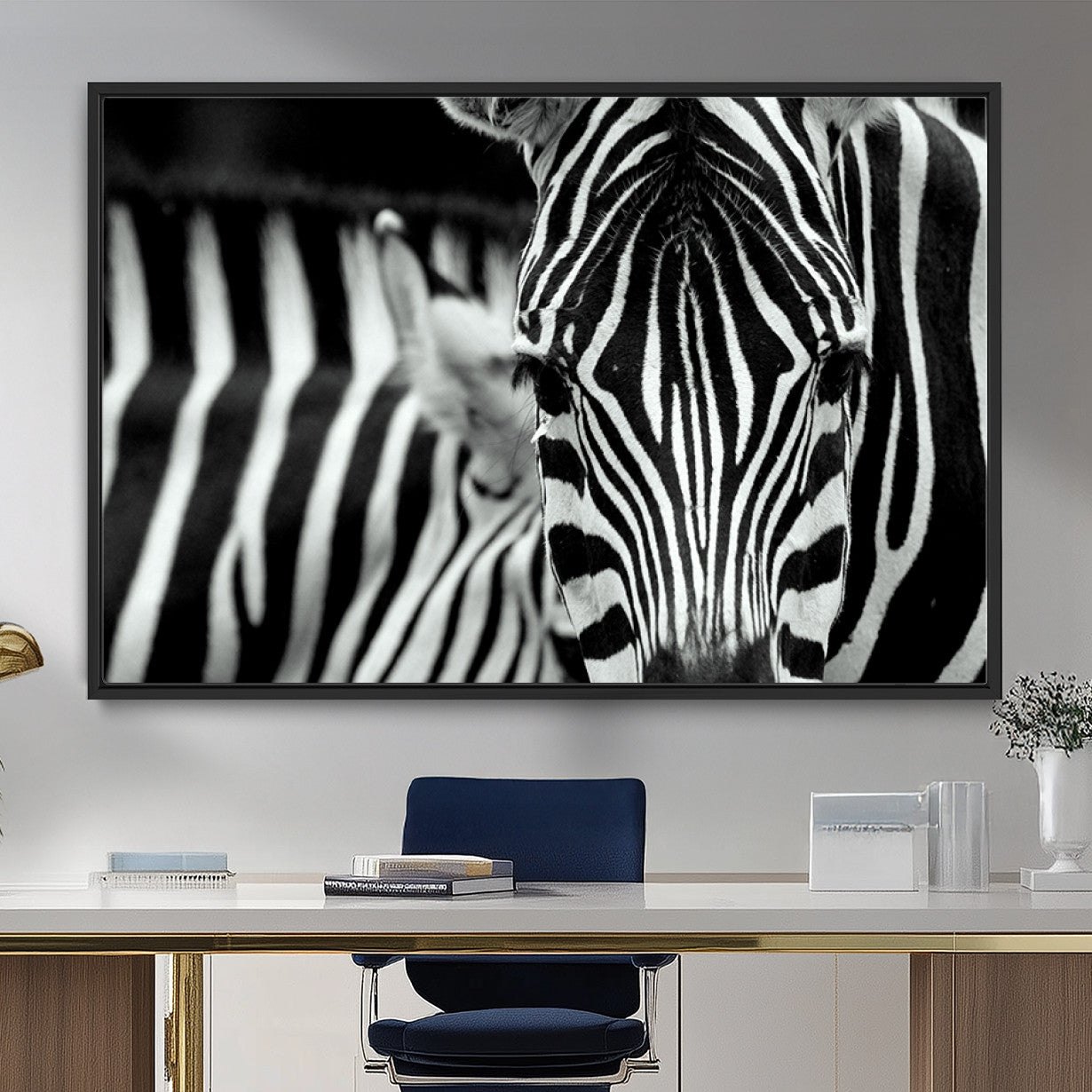MGV-FC-36X24 - Zebra Wall Art – Close Up Black and White Animal Print, Bold Safari Decor for Living Room, Office, or Bedroom