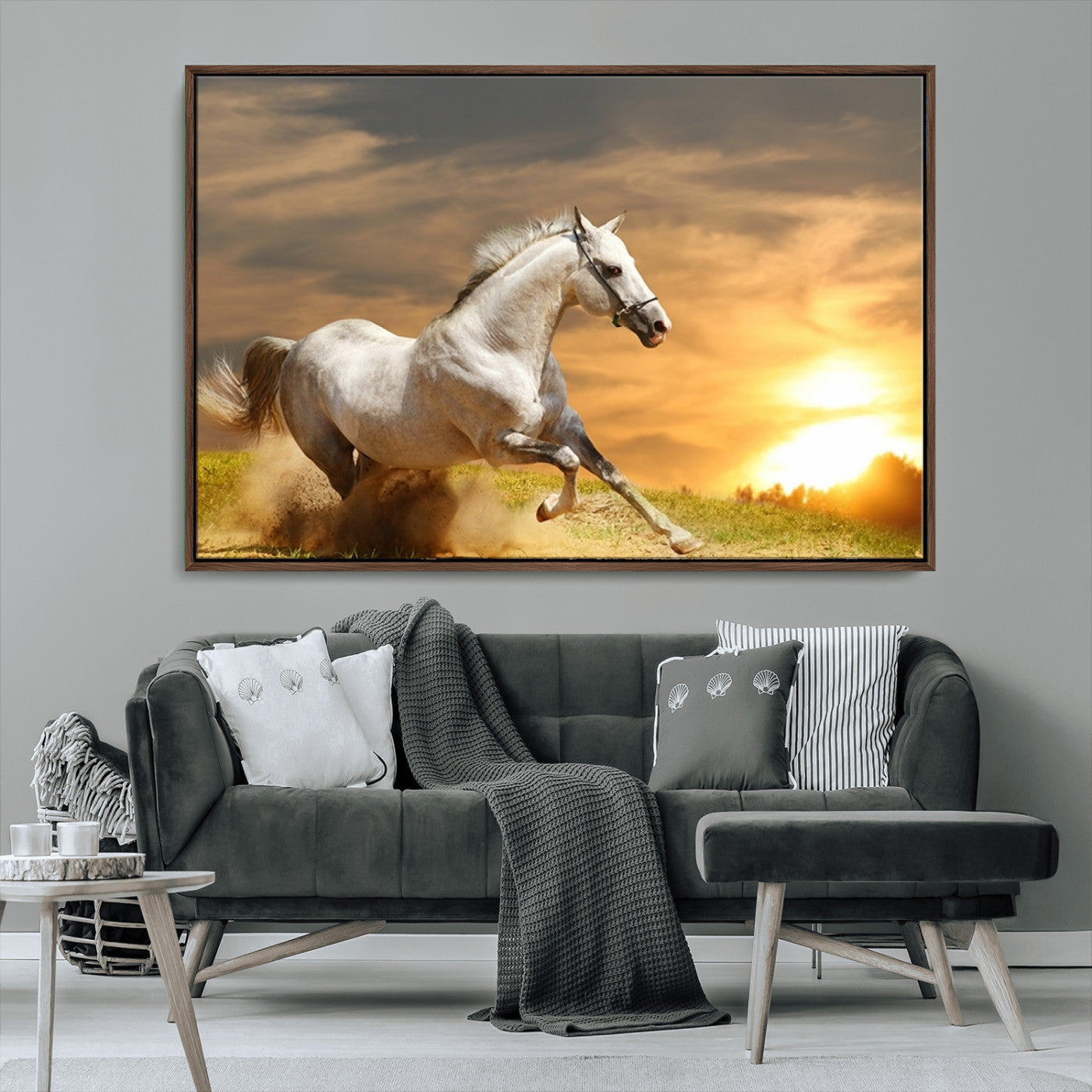 -Large Wall Art Galloping White Horse at Sunset Canvas Print