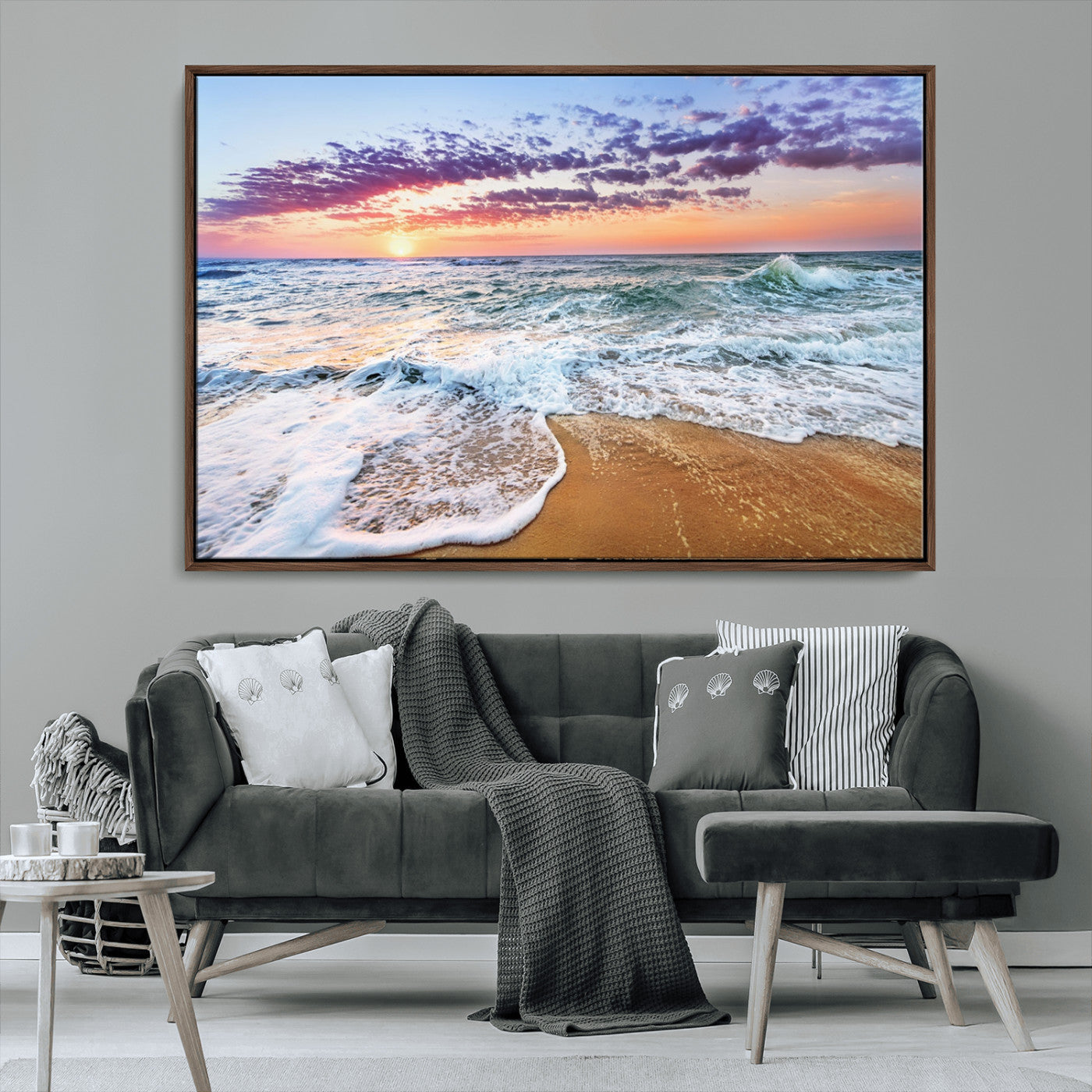 -Coastal Sunset Art Beach Canvas Wall Art Print | Ocean Waves Wall Art | Large 3-Panel Seascape for