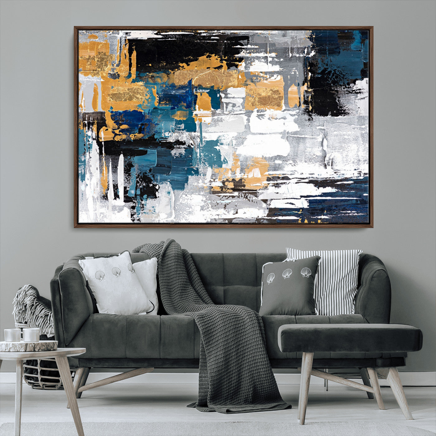 57708-MGV-CV-36X24-Blue and Gold Abstract Canvas Wall Art – Triptych Modern Painting for Living Room – Framed and Ready