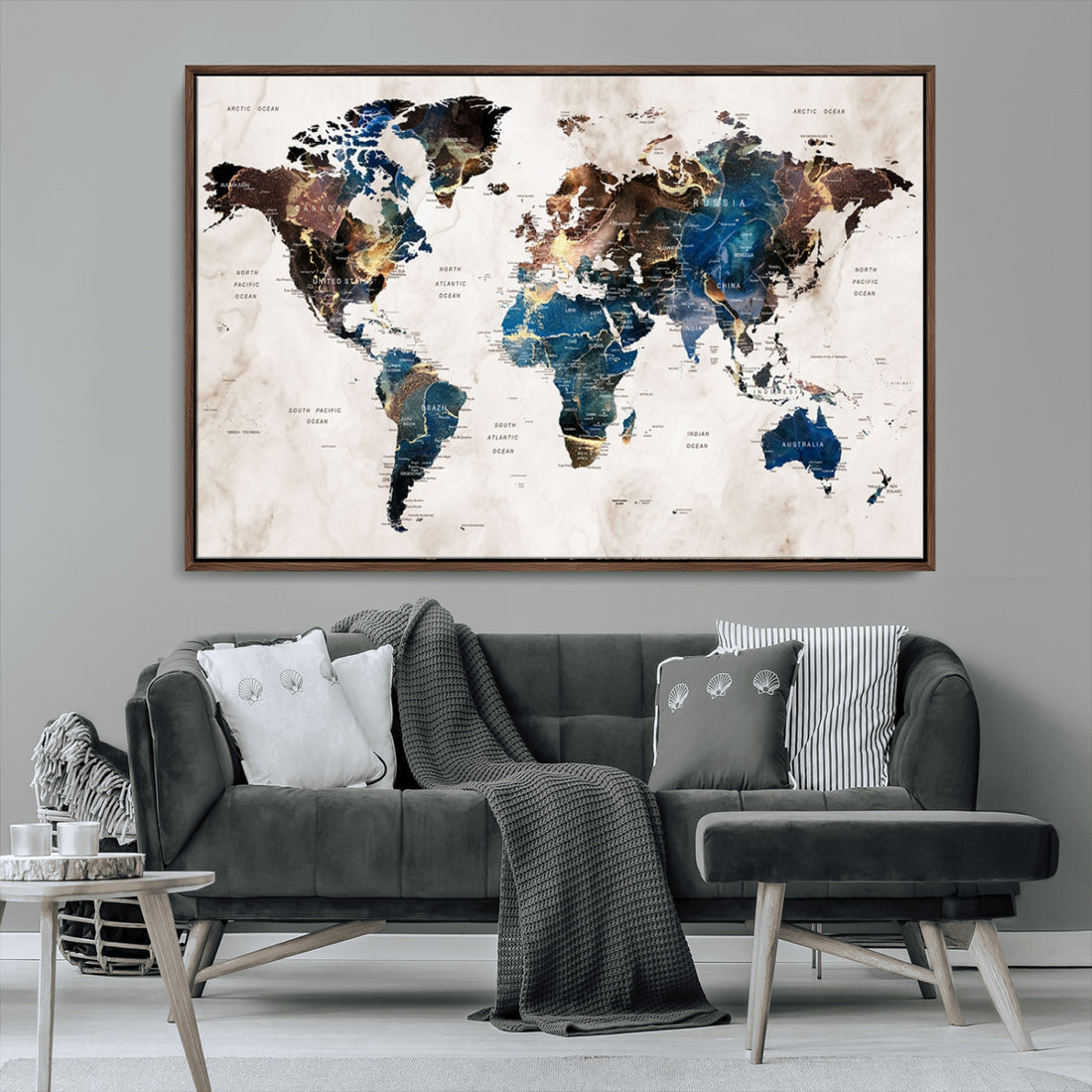 Abstract Earth Tone Blue World Map Canvas Print | Framed Travel Map Wall Art