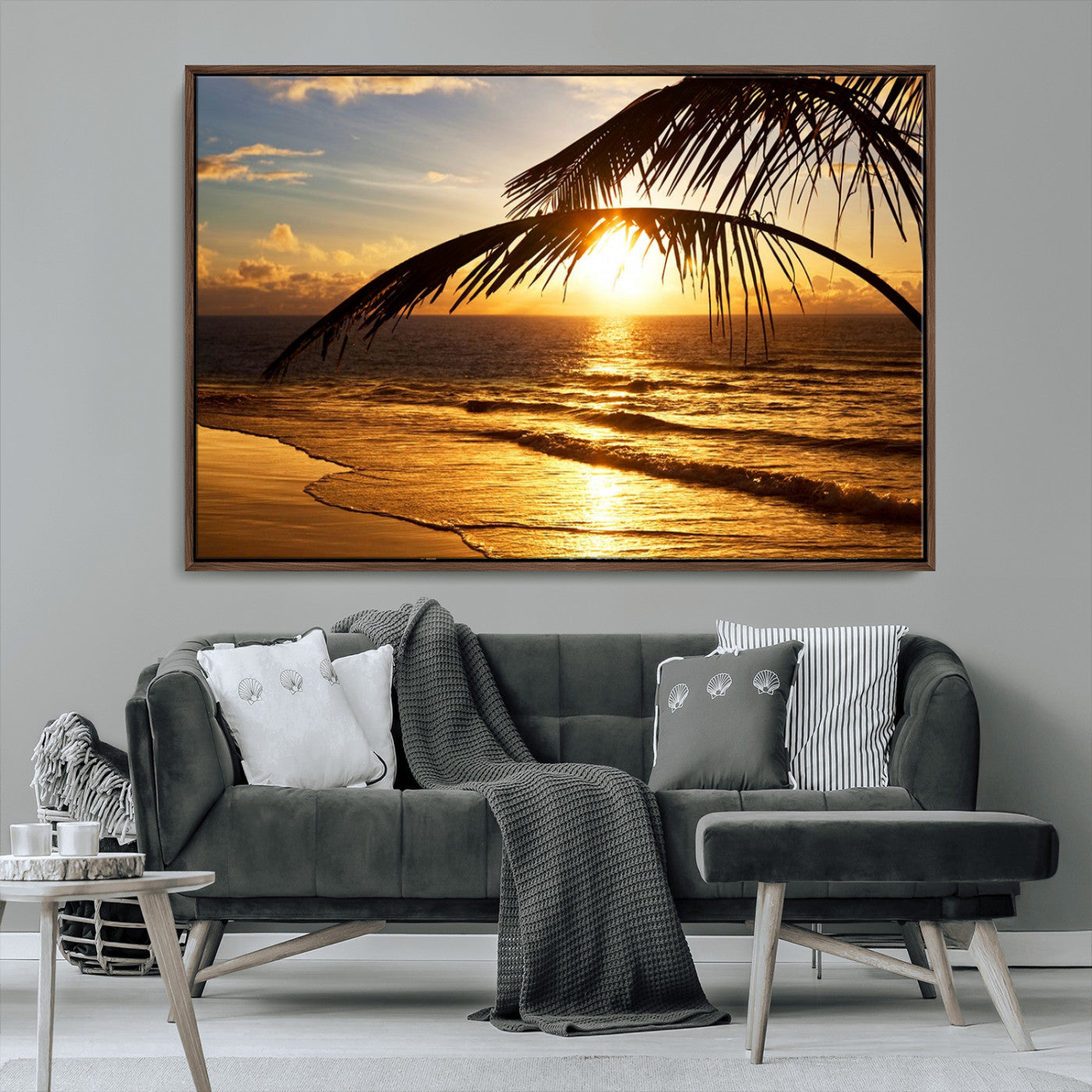 -Golden Tropical Beach Sunset Canvas Triptych, Coastal Palm Tree Wall Art, Ocean Shoreline Giclee