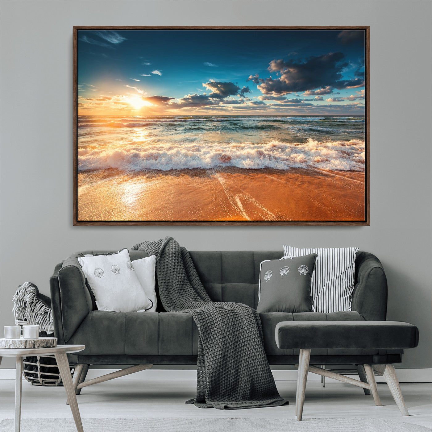 35648-MGV-FC-36X24_Walnut-Golden Sunset Beach Triptych Canvas Art, Giclee Coastal Wall Decor, Ocean Waves Print, Modern Beach