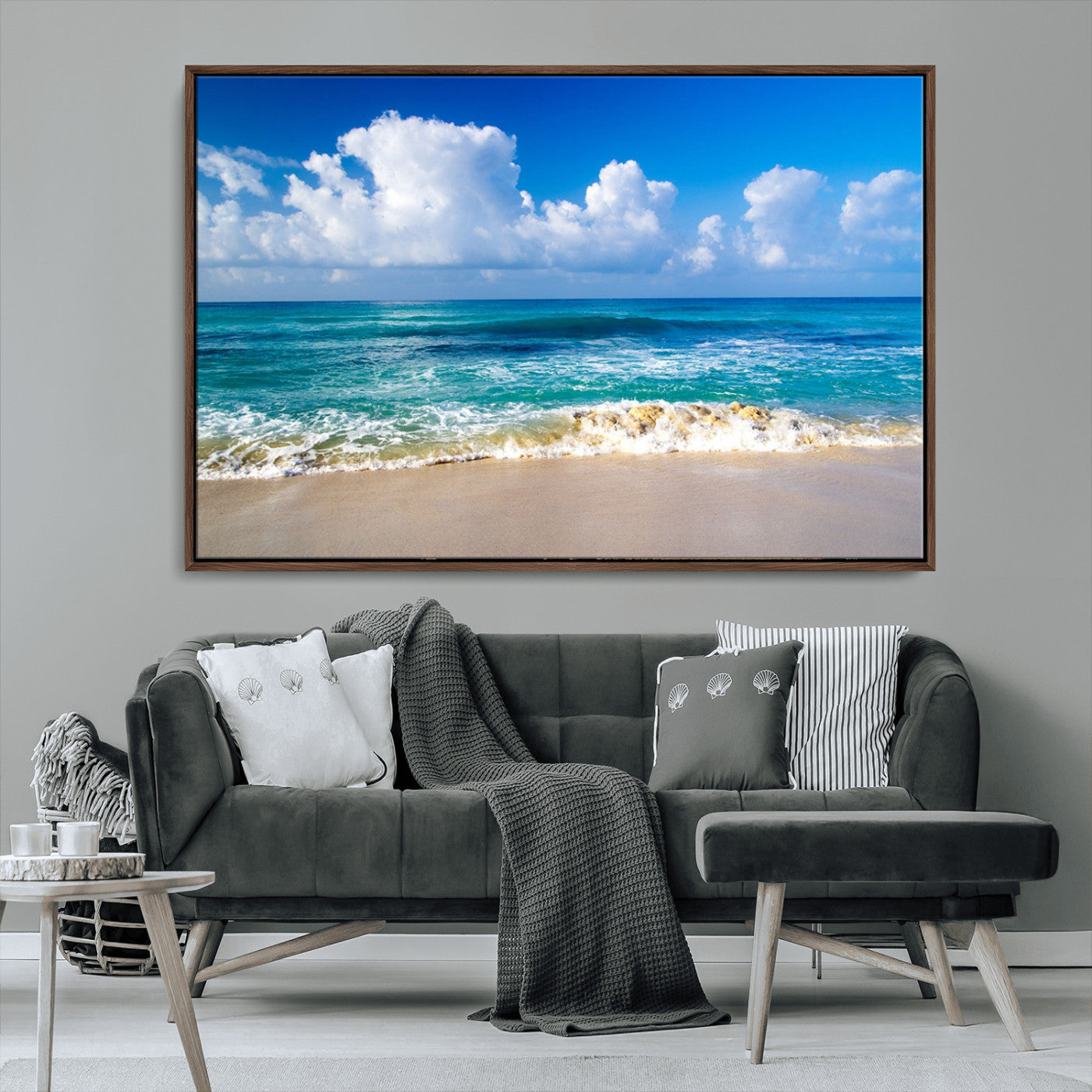 60364-MGV-CV-36X24-Tropical Beach 3-Panel Canvas Wall Art – Serene Ocean Waves and Blue Sky Wall Art Print