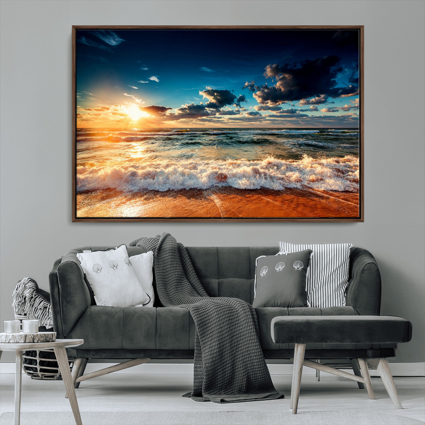26996-MGV-FC-36X24_Walnut-Golden Hour Sunset Over Ocean Waves Wall Art Canvas Print | 3 Panel Coastal Landscape Canvas Wall