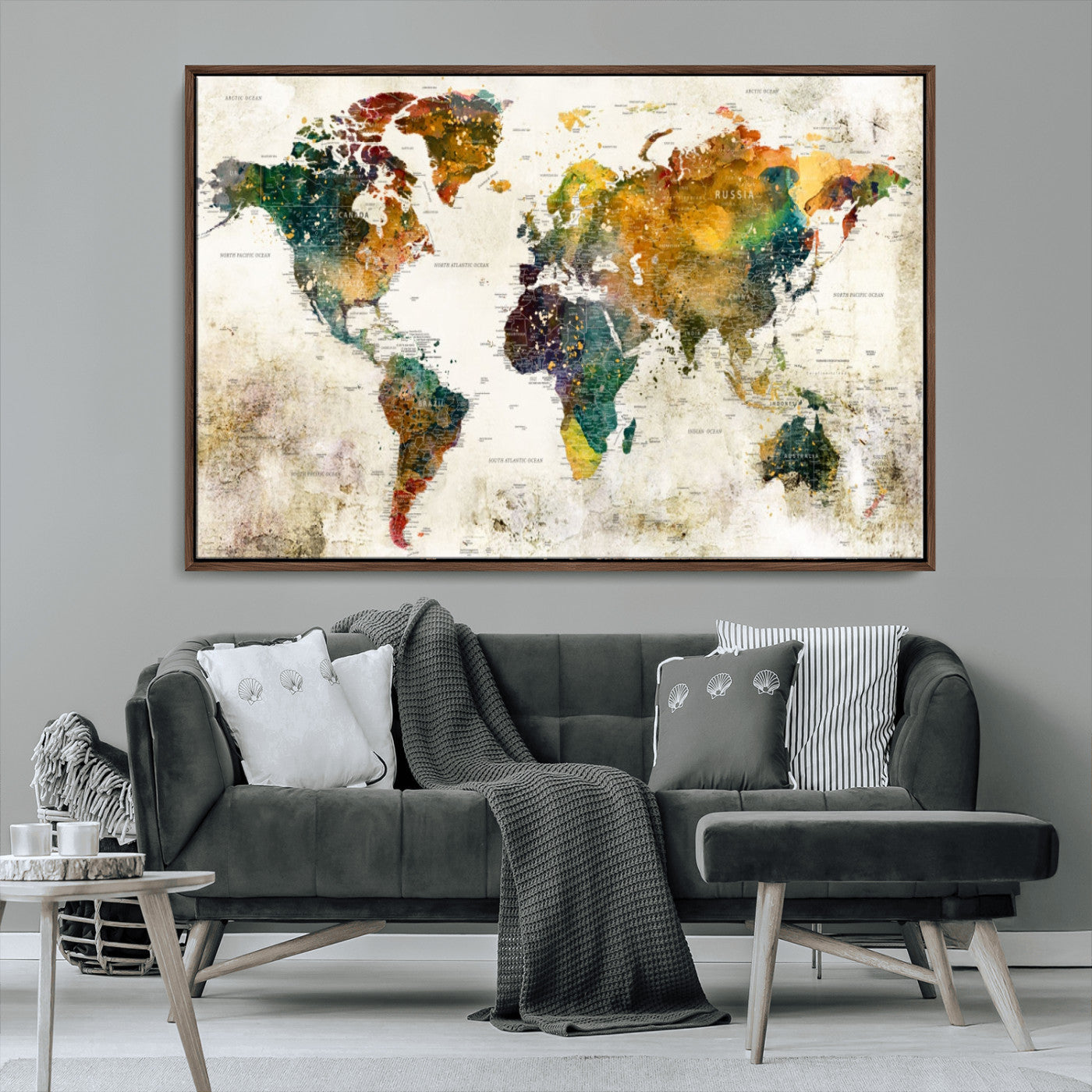 39605-MGV-CV-36X24-Vintage Watercolor World Map Canvas Wall Art – Framed Push Pin Travel Map for Home and Office Decor, Rustic Artistic World Map Artwork