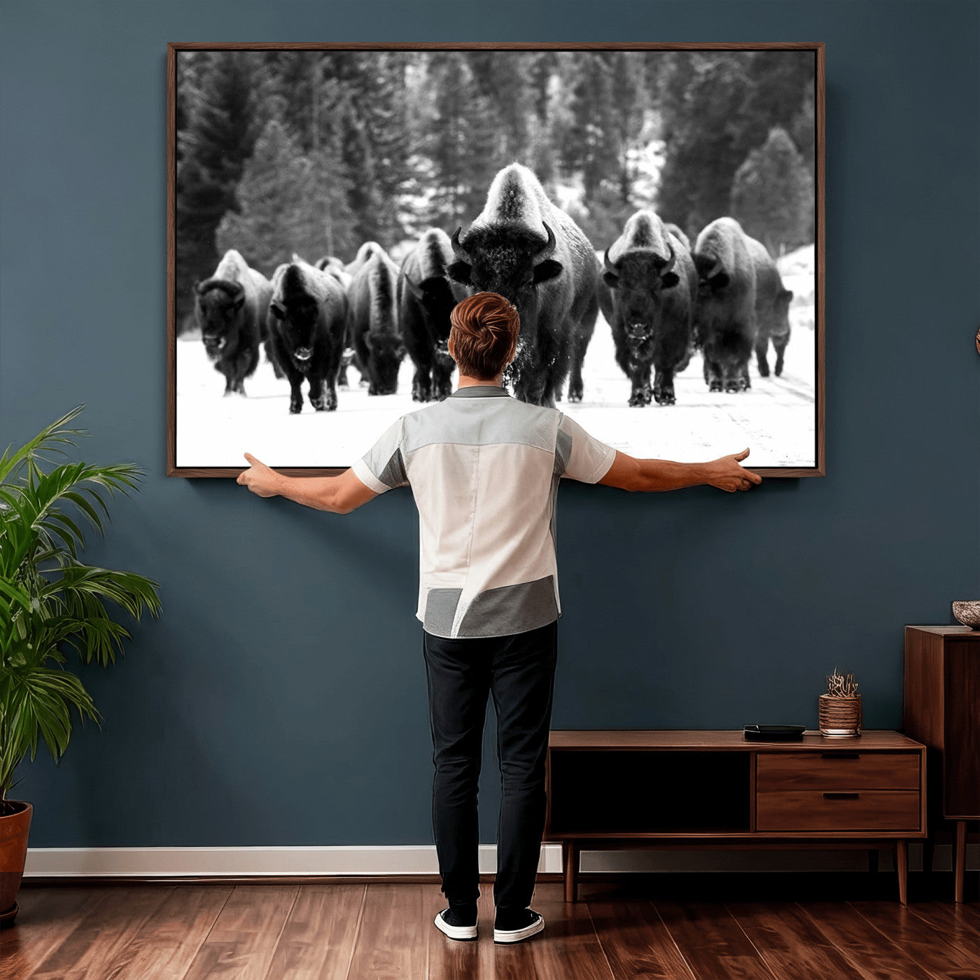 62434-MGV-CV-36X24 - Bison Herd in Snow Wall Art Canvas Print | Rustic Western Bison Wall Art for Decor for Living Room