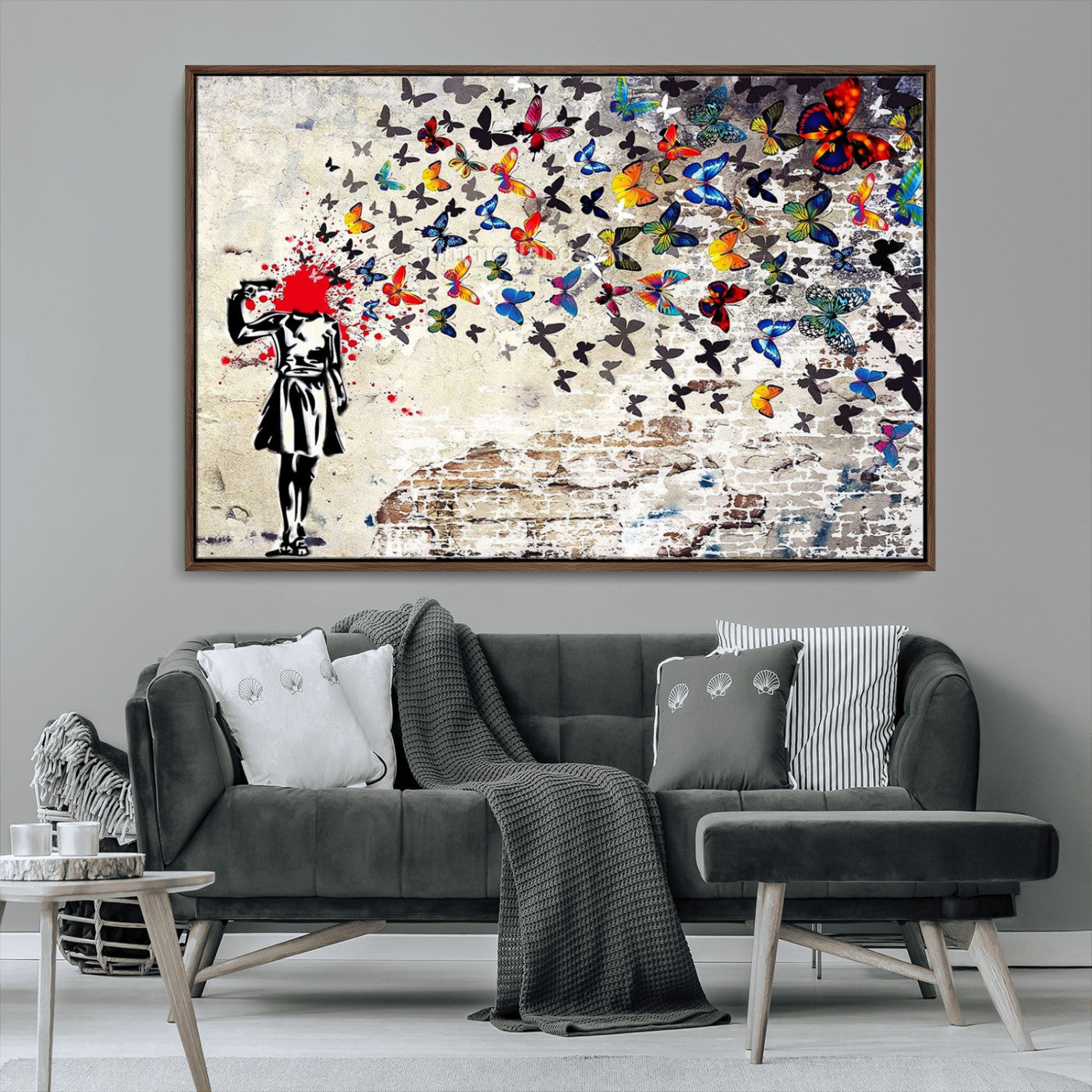 88654-MGV-FC-36X24_Walnut-Banksy Art Butterfly Girl Explosion Canvas Art – Vibrant Urban Graffiti for Modern Interiors - Ready