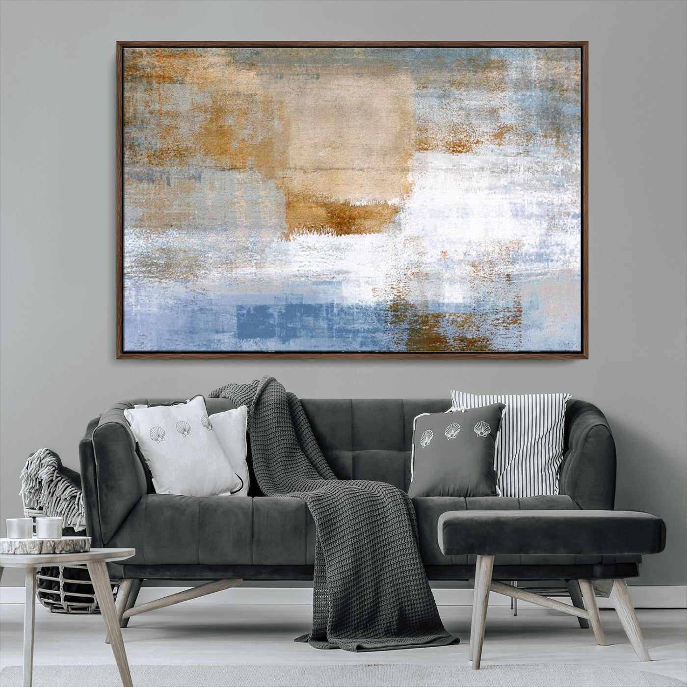 72354-MGV-CV-36X24-Blue Multi Panel Abstract Wall Art Canvas, Abstract Blue and Gold Canvas Print