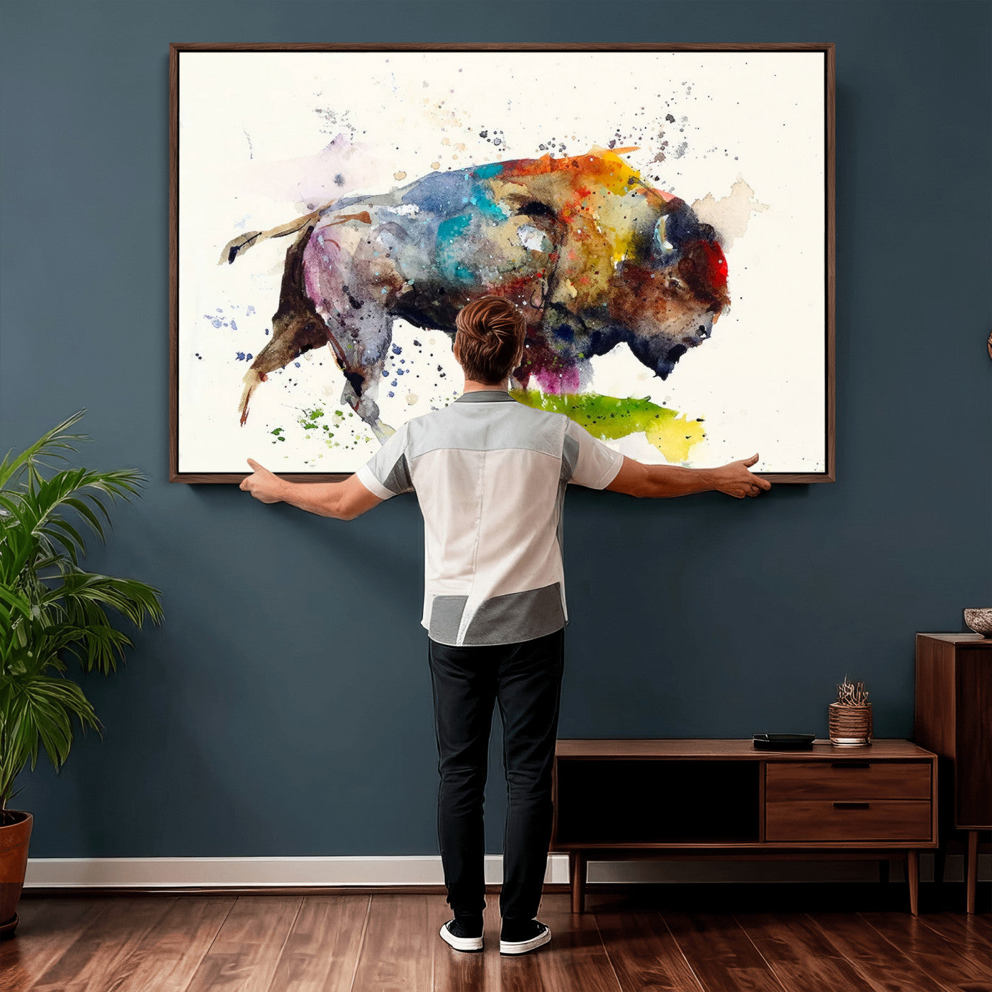 44504-MGV-CV-36X24 - Abstract Buffalo Wall Art, Western Watercolor Bison Canvas Print, Rustic Buffalo Art for Cowboy and