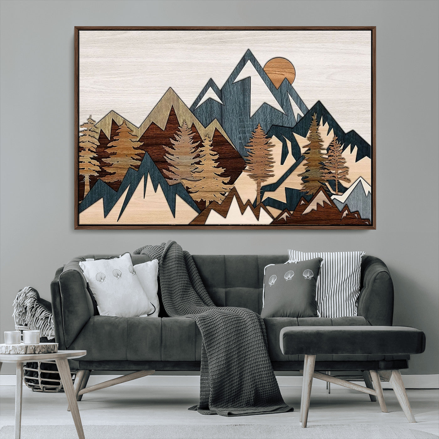 67950-MGV-CV-36X24-Rustic Abstract Wood Panel Effect Canvas Mountain Range Top Wood Wall Art Canvas Print