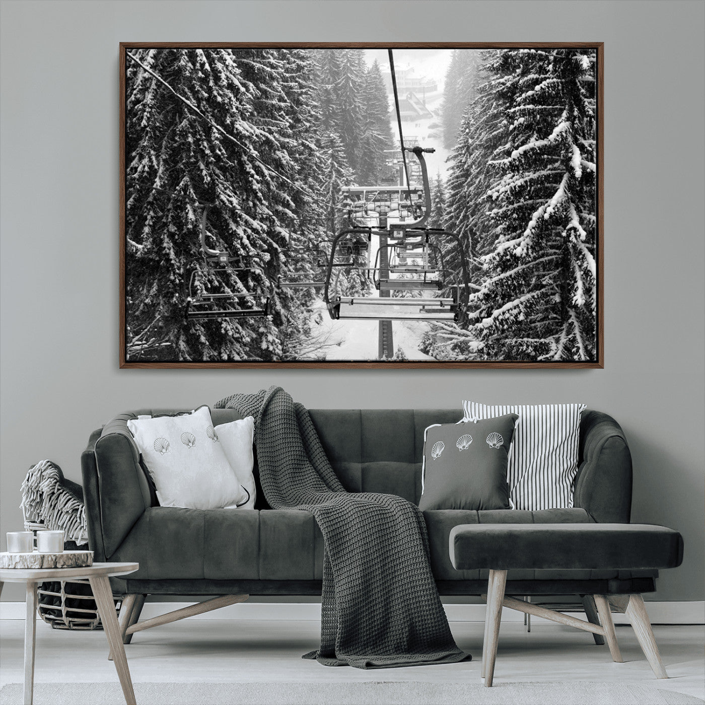 19240-MGV-CV-36X24-Winter Ski Lift Black and White Canvas Wall Art – Alpine Escape in Minimalist Style – Winter Ski