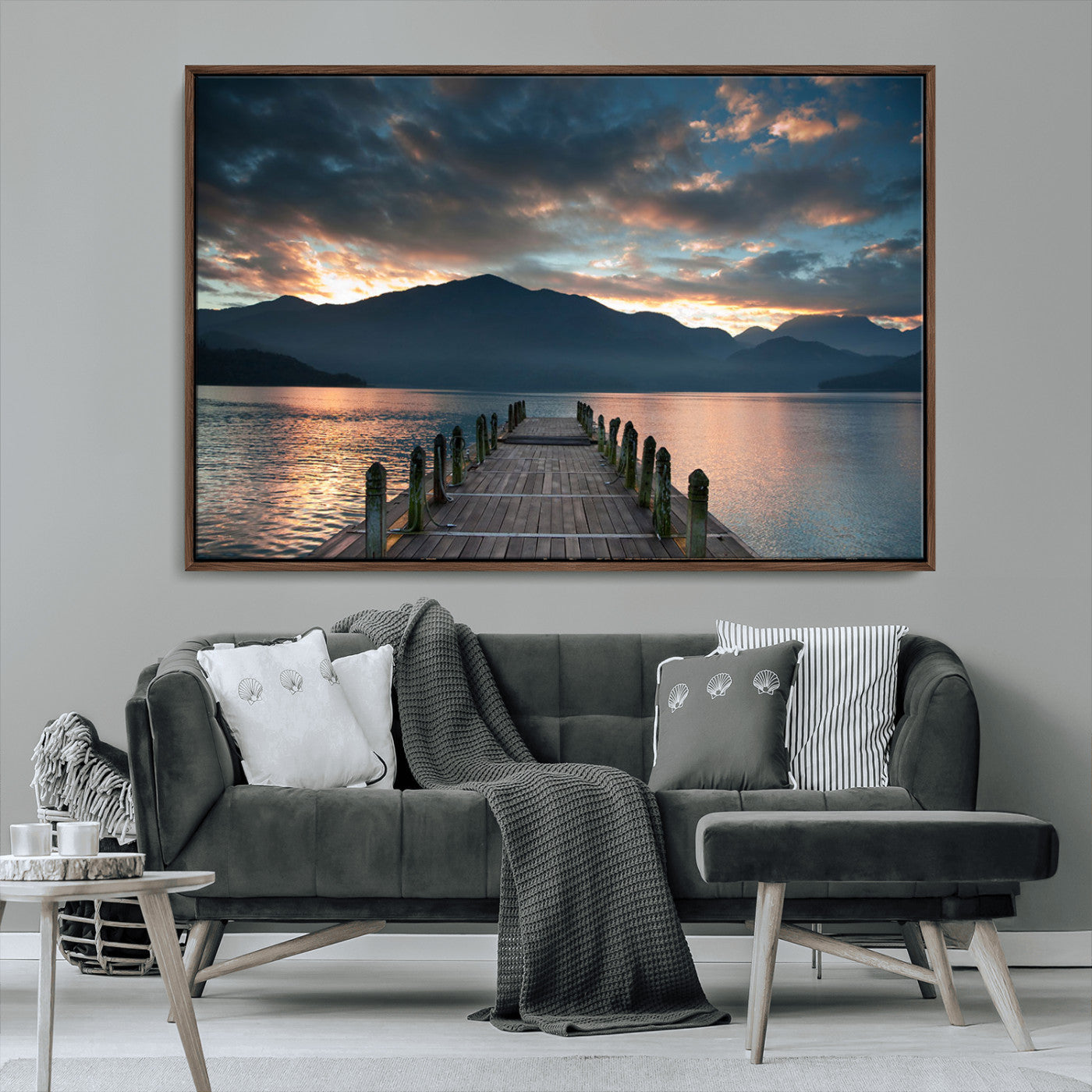 -Mountain Lake Wood Pier Canvas Wall Art Nature Lake Print