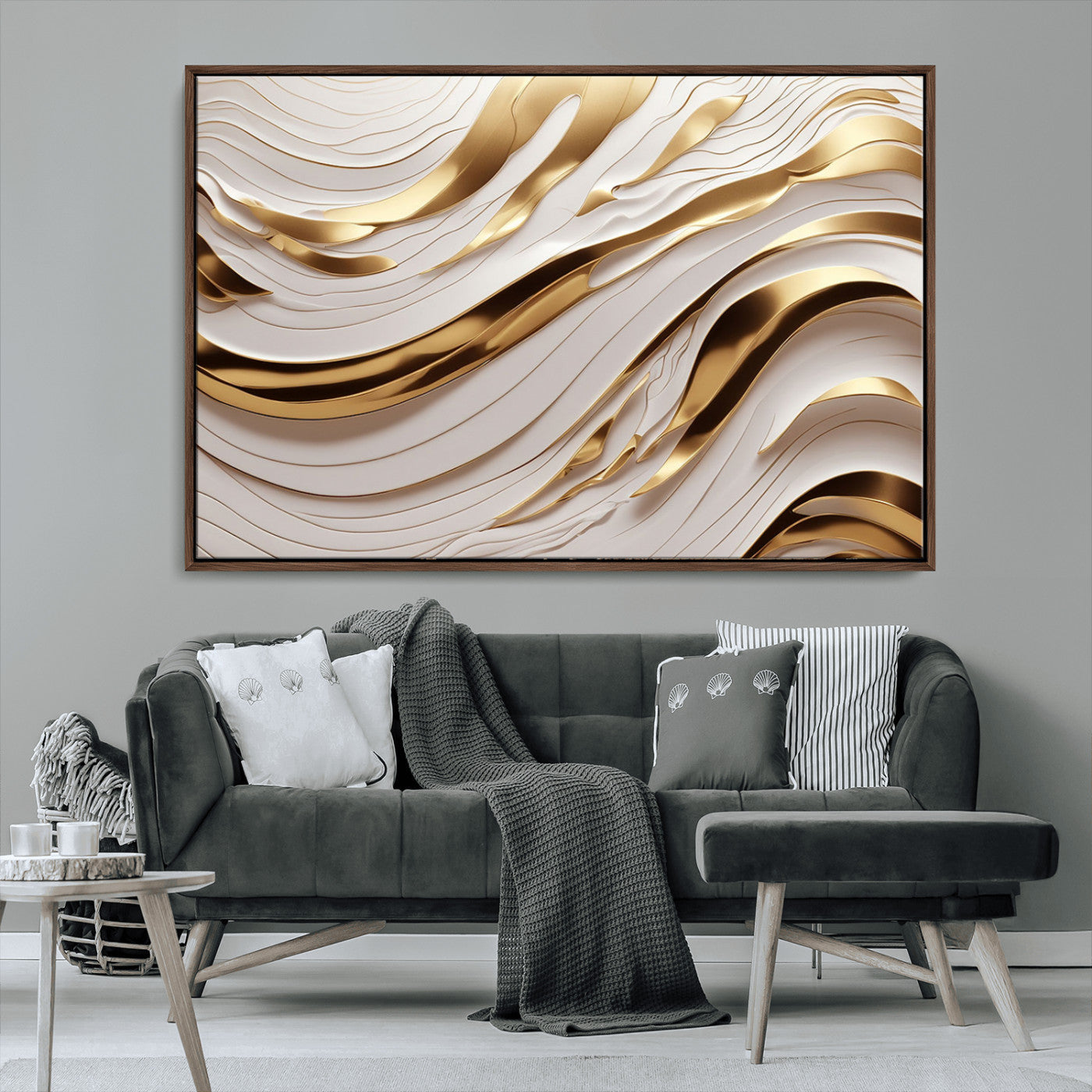 81197-MGV-FC-36X24_Walnut-Gold and White Abstract Wave Canvas – Elegant Flowing Design with Luxurious Golden Accents –