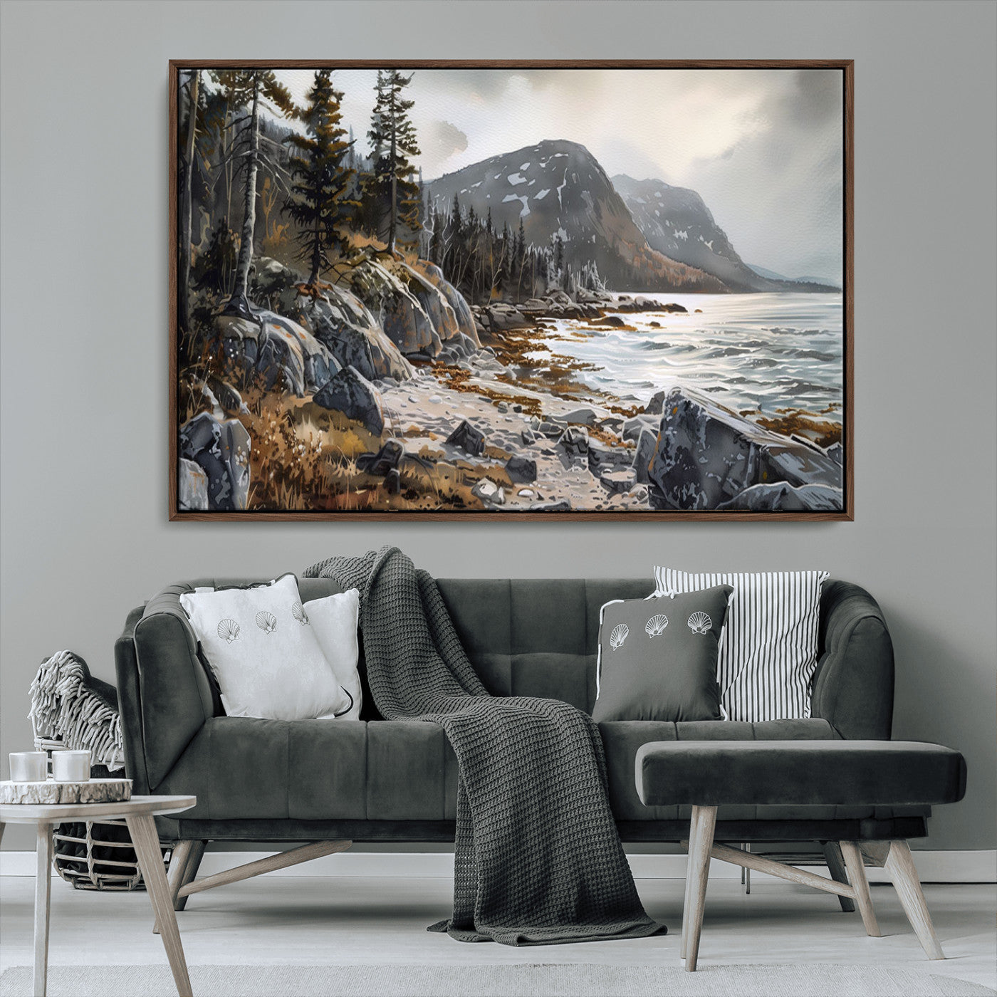 41281-MGV-FC-36X24_Walnut-Serene Coastal View of Acadia National Park - Stunning 3-Panel Wall Art Canvas Print, Framed, Ready