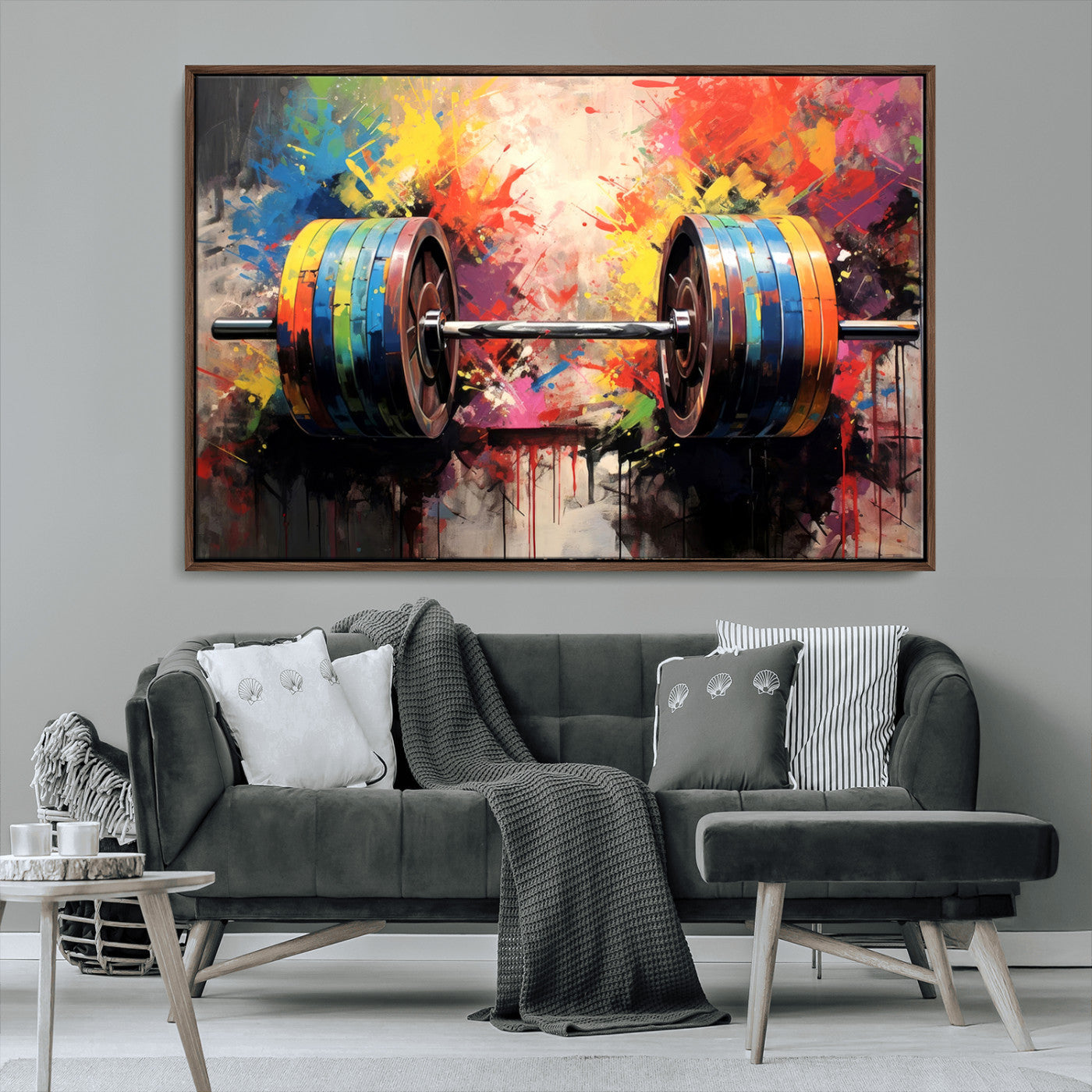 80436-MGV-CV-36X24-Weightlifting Barbell Art Triptych, Bold Abstract Fitness Wall Decor for Gym or Home, Giclee Canvas