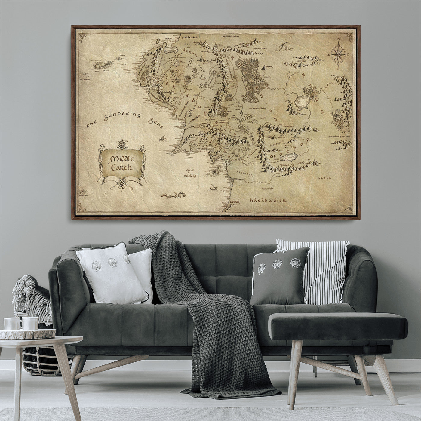 21784-MGV-CV-36X24-Vintage Middle Earth Map Wall Art Canvas – Lord of the Rings Inspired Framed Map Print, Classic Fantasy Decor for Home, Office