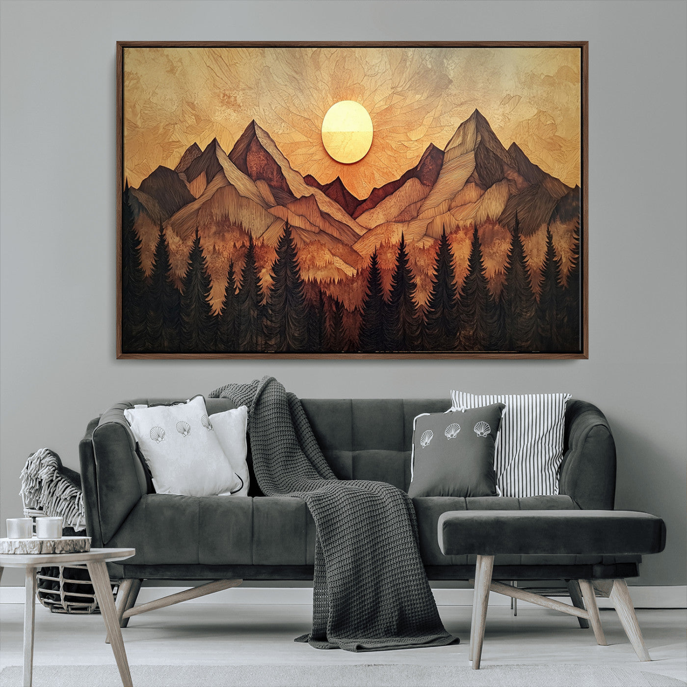 71340-MGV-CV-36X24-Wood Style Abstract Mountain Sunset Canvas Wall Art Print - Warm Earth Nature-Inspired Decor for