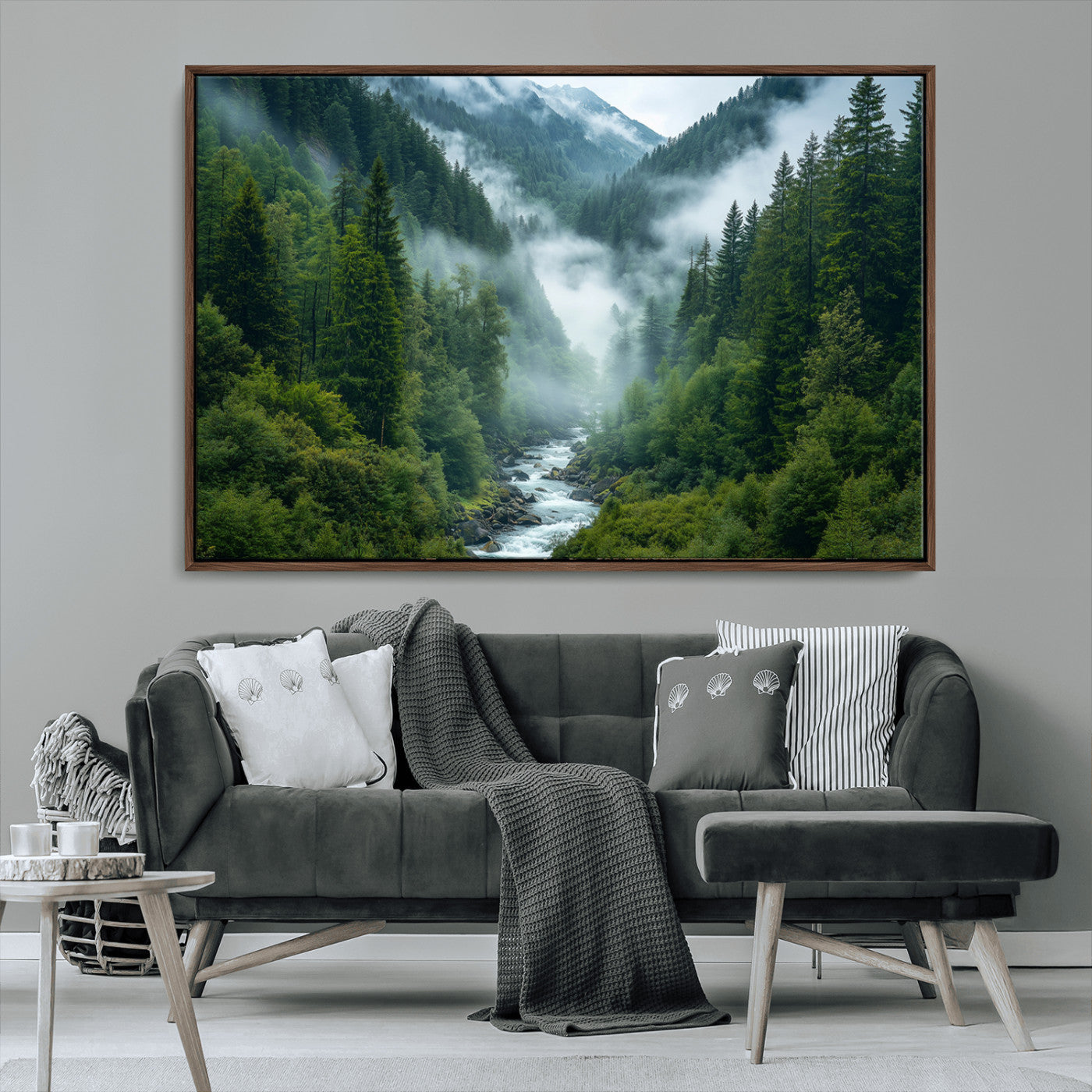 -Mountain Forest River Canvas Wall Art Print - Serene Nature Landscape for Living Room, Office, or