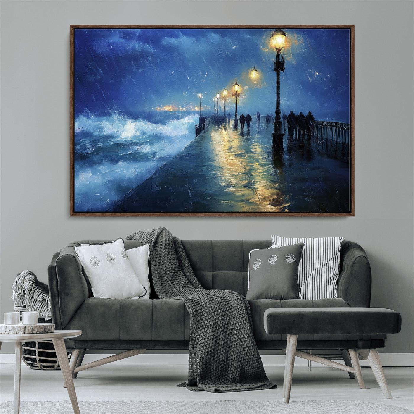 94571-MGV-CV-36X24-Storm Ocean Pier Canvas Wall Art Print - Large Moody Night Scene Print, Seaside Wall Decor