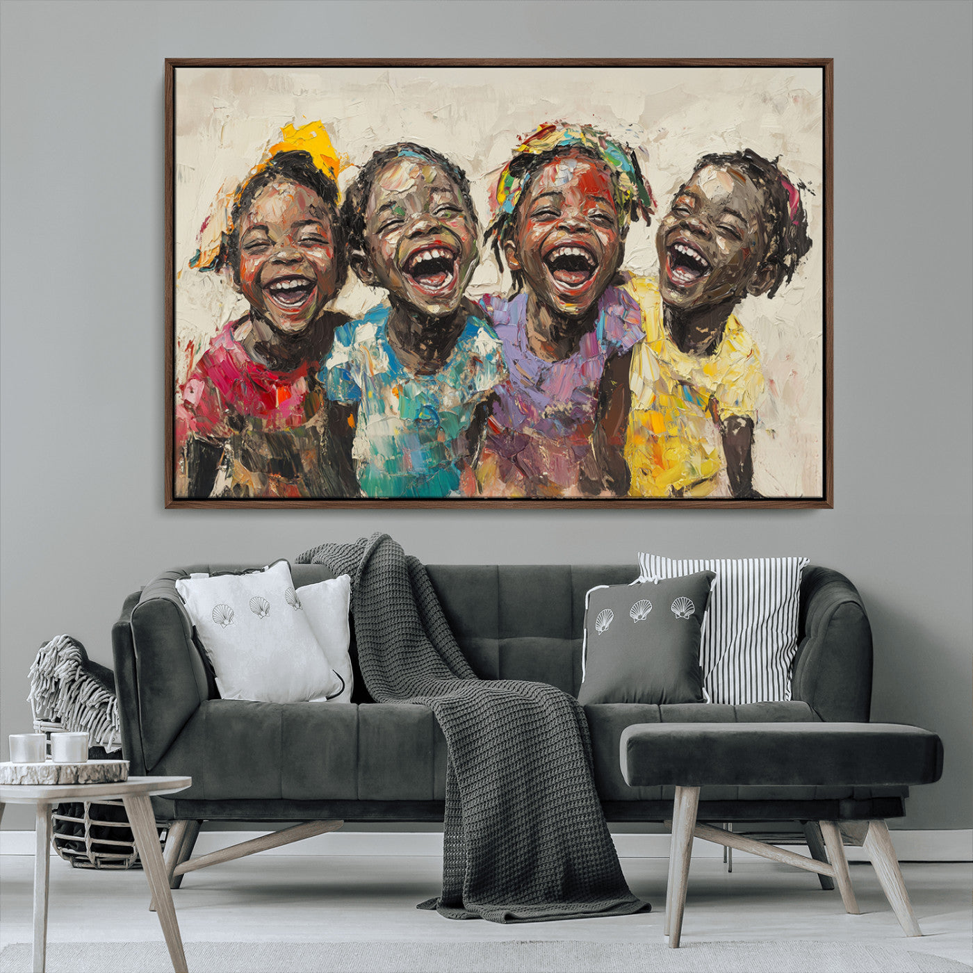 93034-MGV-CV-36X24-Shai Yossef style Joyful Childhood Canvas Wall Art - Expressive Impasto Painting of Black Children