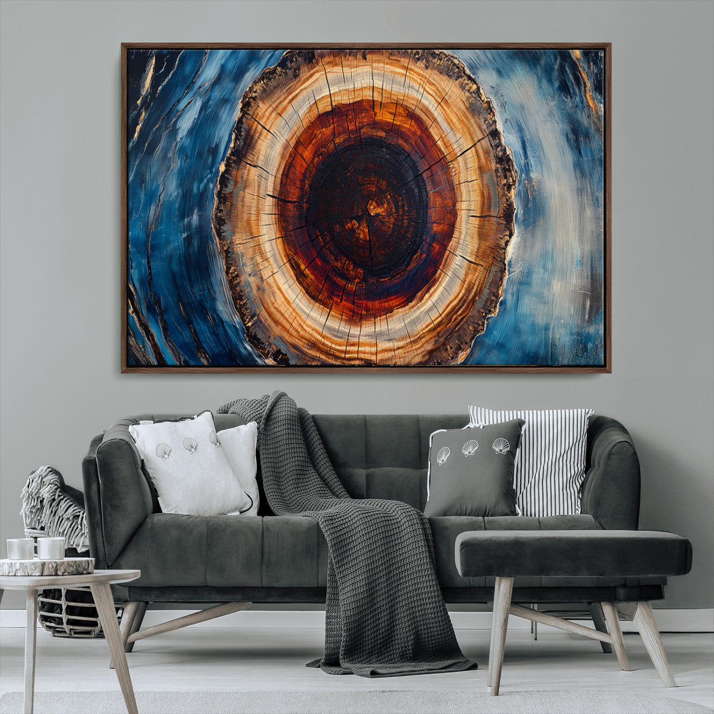 30457-MGV-CV-36X24-Framed Abstract Tree Ring Wall Art Print, Natural Rustic Wood Texture Canvas Print, Wood Tree Stump