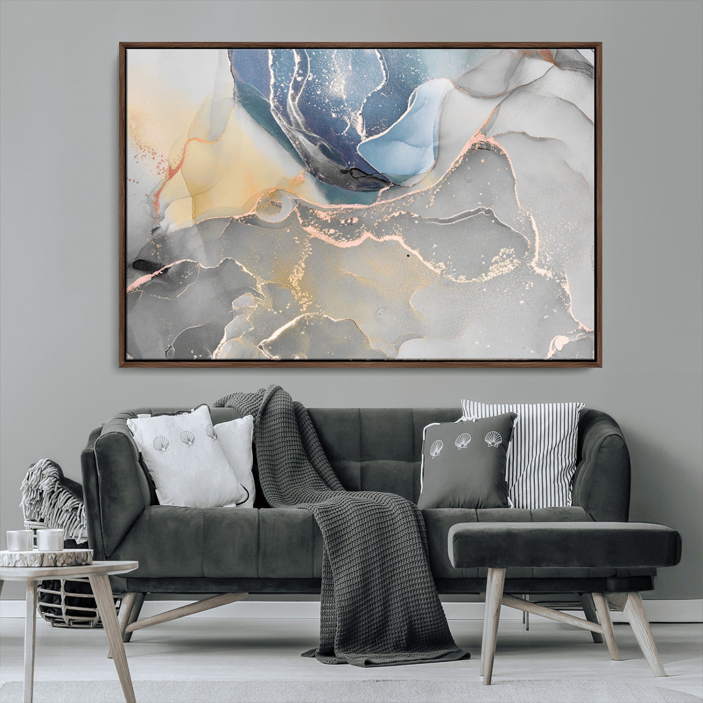 18176-MGV-CV-36X24-Large Abstract Blue and Gold Canvas Wall Art | Fluid Ink Artwork Print | Luxury Wall Decor for