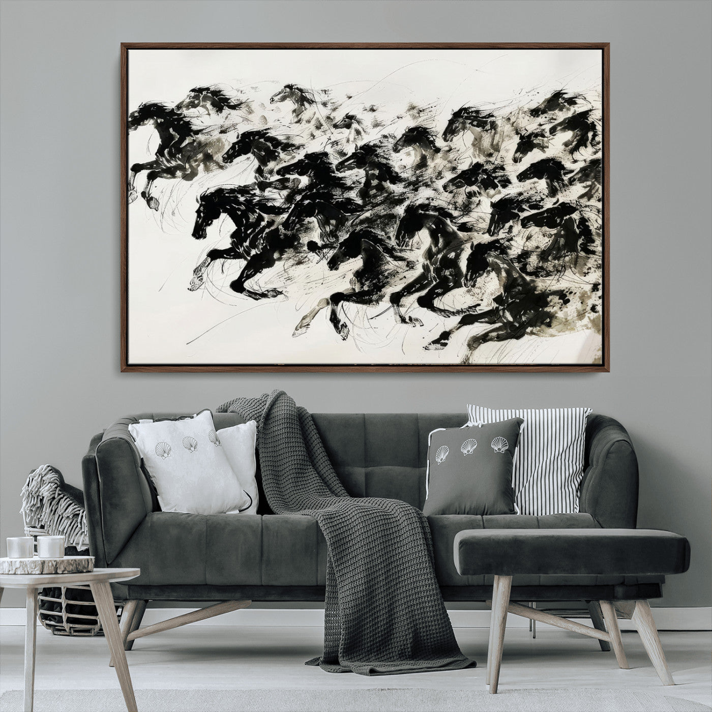 23069-MGV-CV-36X24-Abstract Horse Wall Art Canvas Print - Dynamic Black Ink Horse Print - Modern Equine Wall Decor for