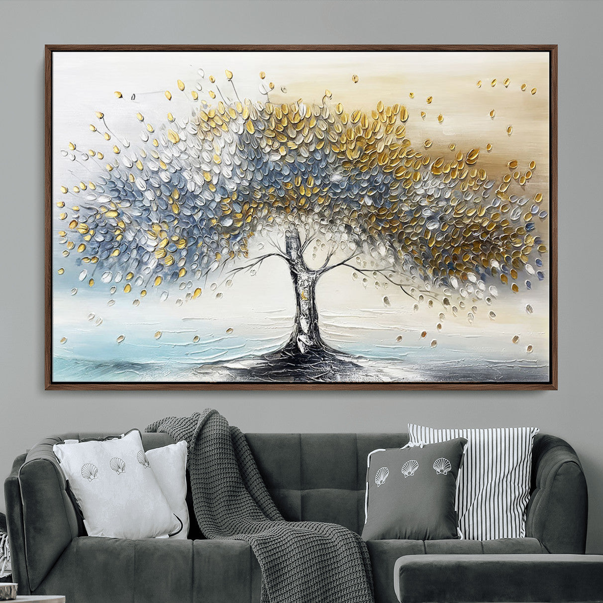 MGV-FC-36X24 - Golden & Silver Tree of Life Wall Art – Canvas Print with Whimsical Leaves Elegant Nature Design, Decorative Home, Office or Guest Room Decor