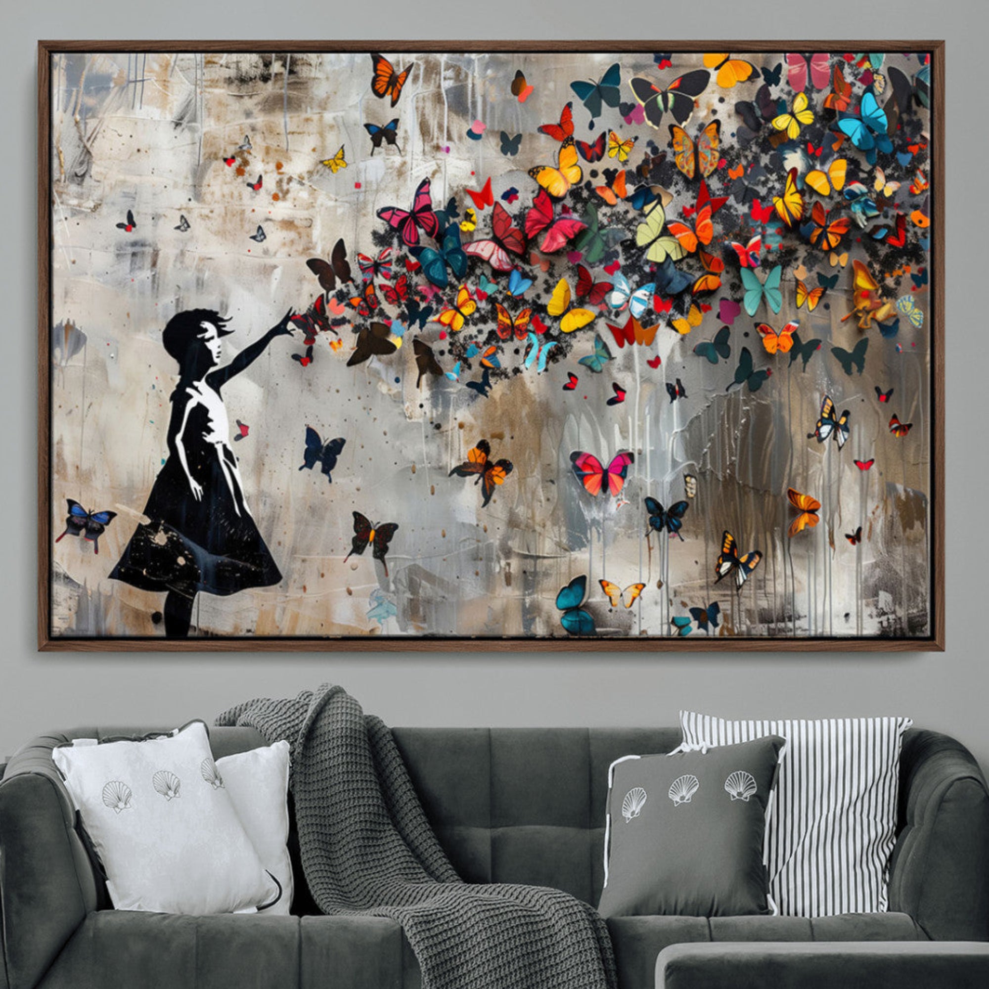51446-MGV-CV-36X24-Banksy Butterfly Girl Wall Art – Modern Graffiti Canvas Print, Contemporary Street Art Decor for Home or Office