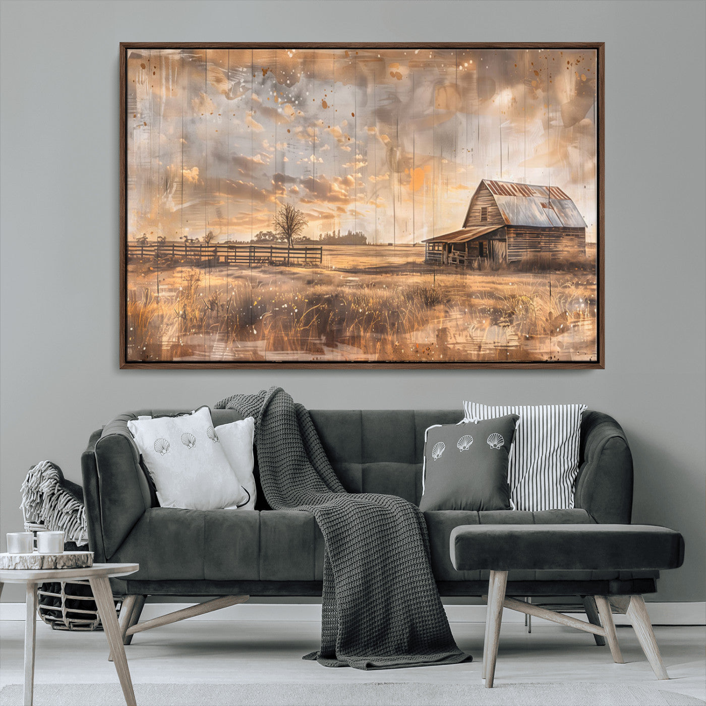 FARM2-MGV-CV-36X24-Rustic Farmhouse Wall Art Canvas Print | Barn and Field Canvas Print | Vintage Country Landscape