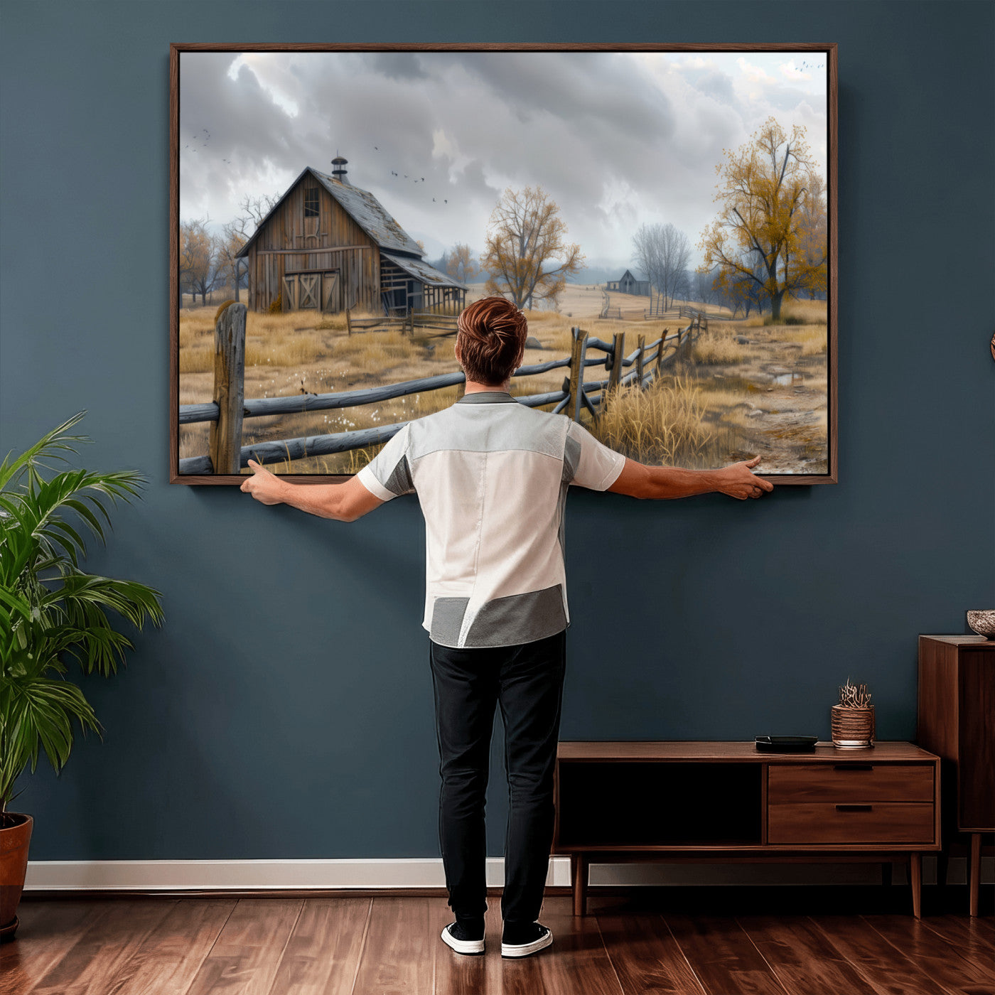 Farm1-MGV-CV-36X24 - Rustic Autumn Farmhouse Wall Art Canvas Print – Serene Countryside Scene with Weathered Barn and