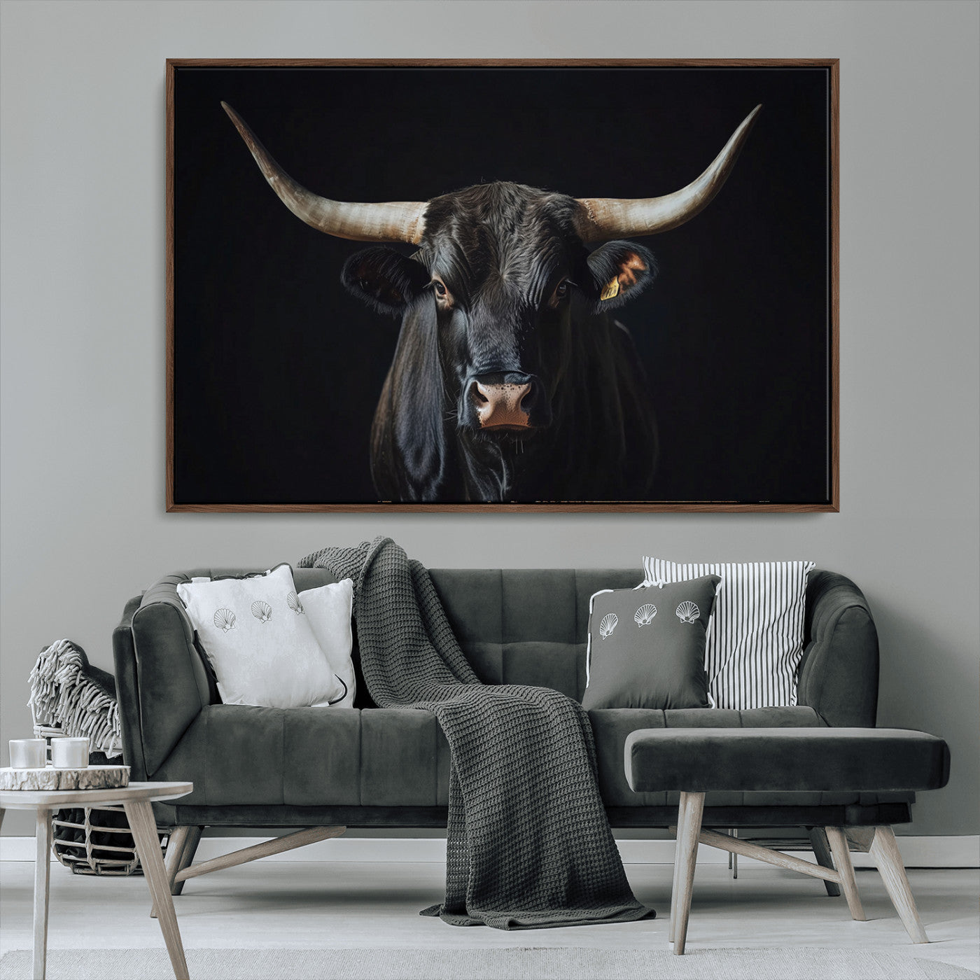 48065167-MGV-CV-36X24-Majestic Longhorn Bull Wall Art Canvas Print – Dark Background Western Ranch Portrait Artwork for Home, Office
