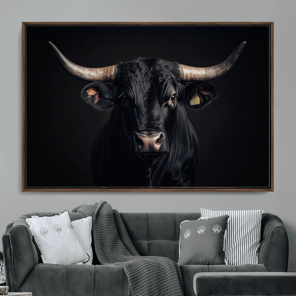 MGV-FC-36X24 - Black Bull Wall Art – Framed Horned Bull Canvas Artwork, Western Cattle Design, Rustic Ranch Style Decor for Home, Office
