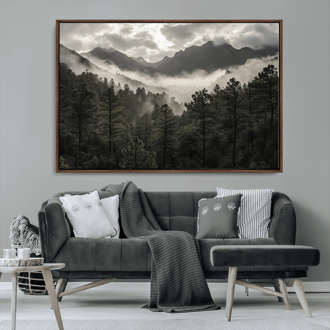 96173787-MGV-CV-36X24-Moody Forest Wall Art – Framed Mountain Fog Canvas Artwork, Misty Woodland Design, Tranquil Nature Decor for Home, Office