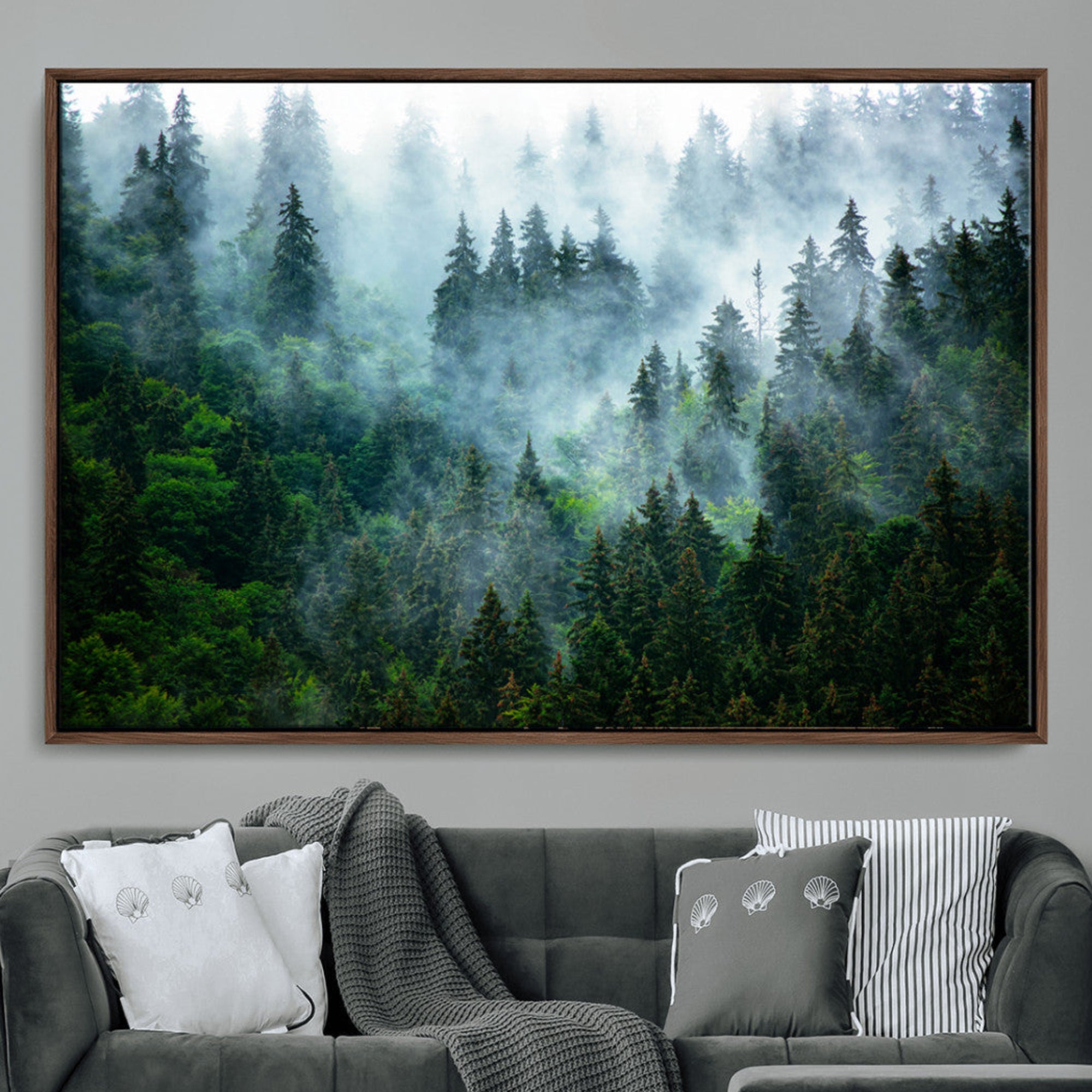 17393683-MGV-CV-36X24-Misty Forest Wall Art Canvas Print – Framed Foggy Mountain Scene with Serene Nature Artwork for Home, Office, Living Room