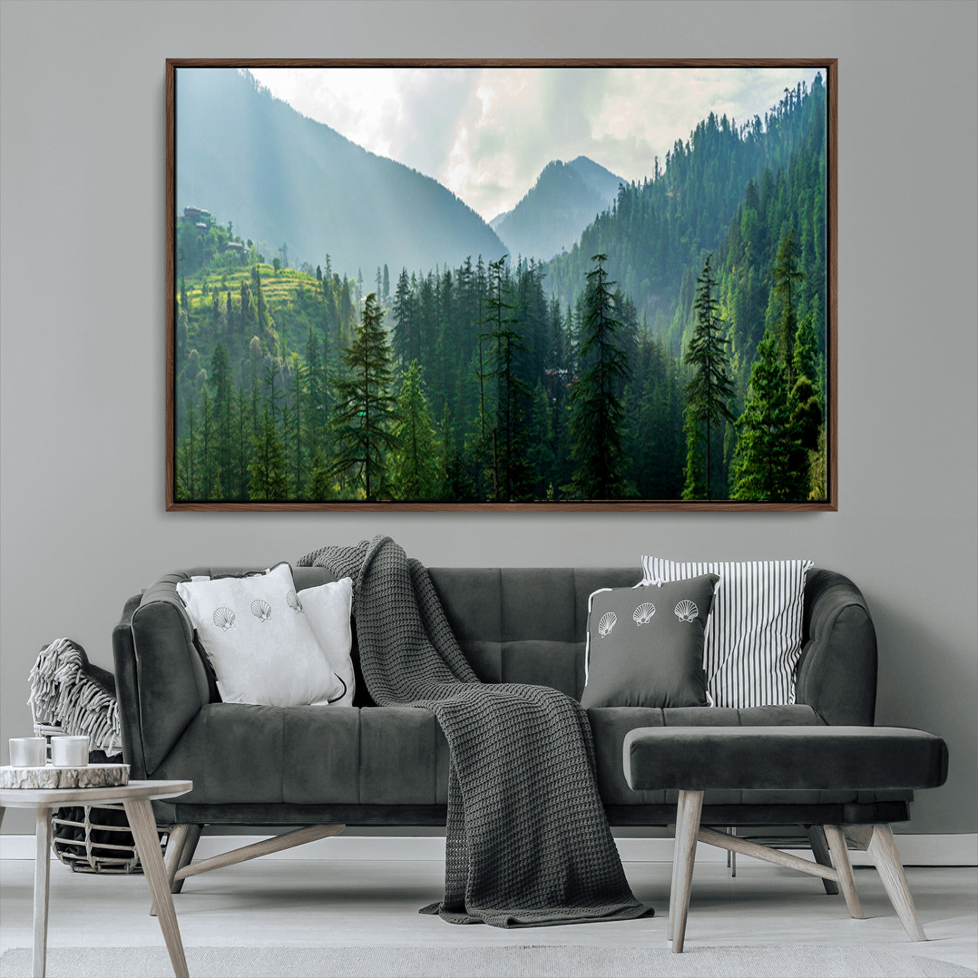 83417191-MGV-CV-36X24-Misty Forest Mountain Wall Art Canvas Print – Framed Serene Nature Scene with Tranquil Valley Artwork for Home, Office
