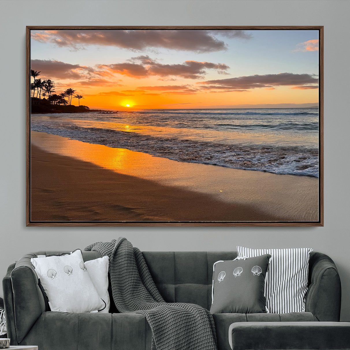 MGV-FC-36X24 - Sunset Glow Wall Art – Canvas Print of Ocean Breeze, Golden Sand, Tropical Palm Silhouettes, Tranquil Waves, Beach Nature Decor for Home