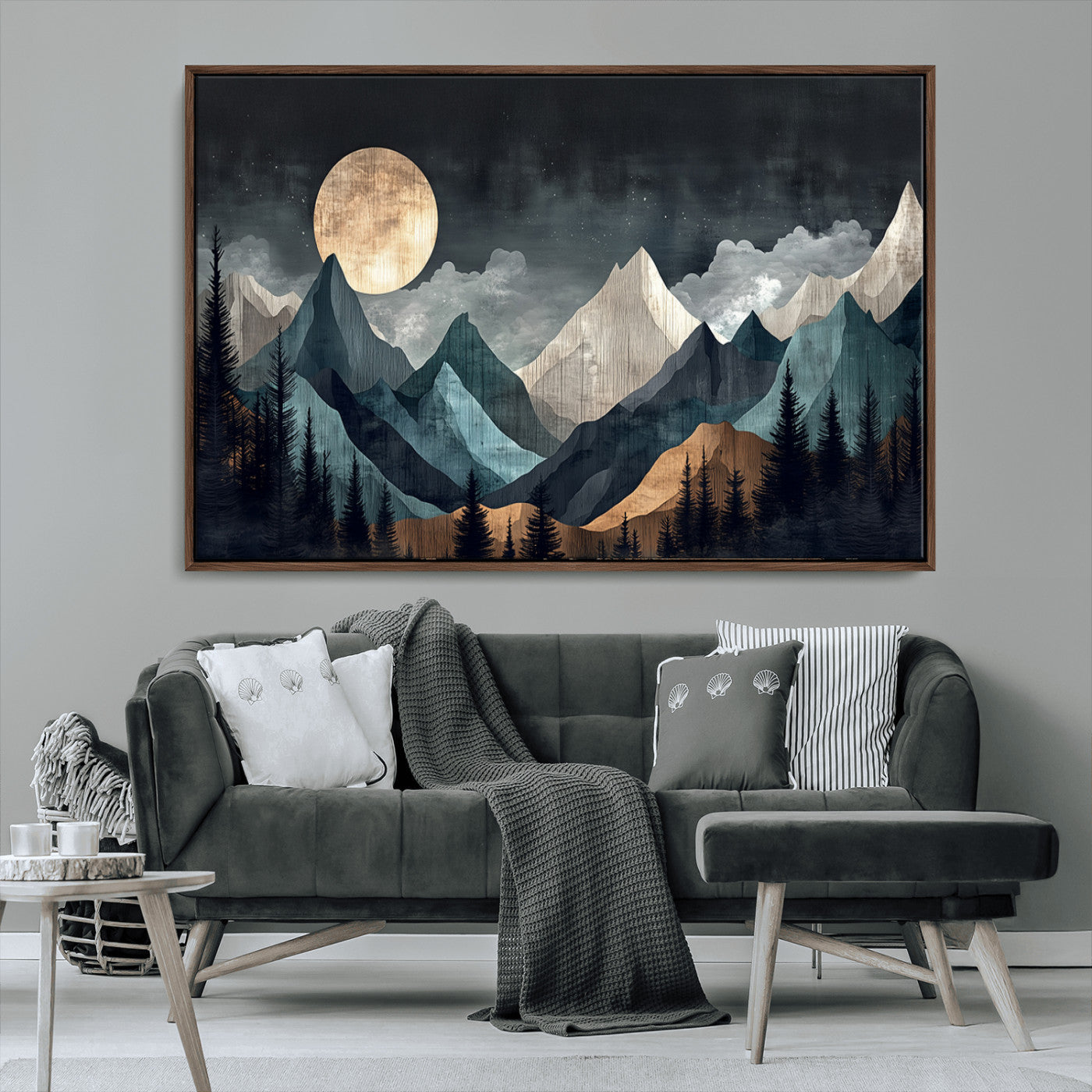 11060882-MGV-CV-36X24-Moonlit Mountain Wall Art Canvas Print – Silhouetted Pines Layered Peaks Tranquil Sky Mist Silver Light Nature Artwork for Home