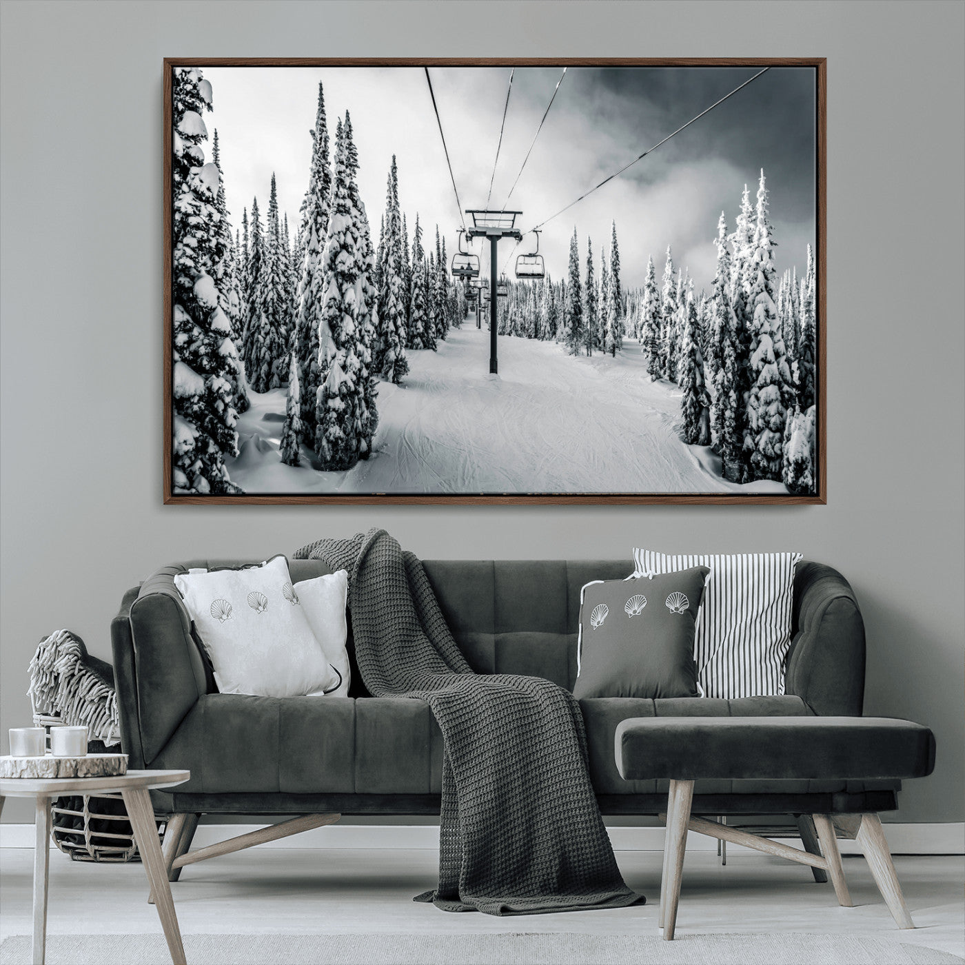 31156828-MGV-CV-36X24-Snowy Pines Wall Art Canvas Print – Framed Ski Lift Winter Forest Snowy Landscape Moody Lodge Artwork for Home, Office